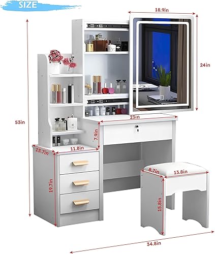 Miniatura 2 de Tocador de maquillaje con espejo y luces, moderno juego de mesa de maquillaje para dormitorio con taburete tapizado, escritorio con 4 cajones y