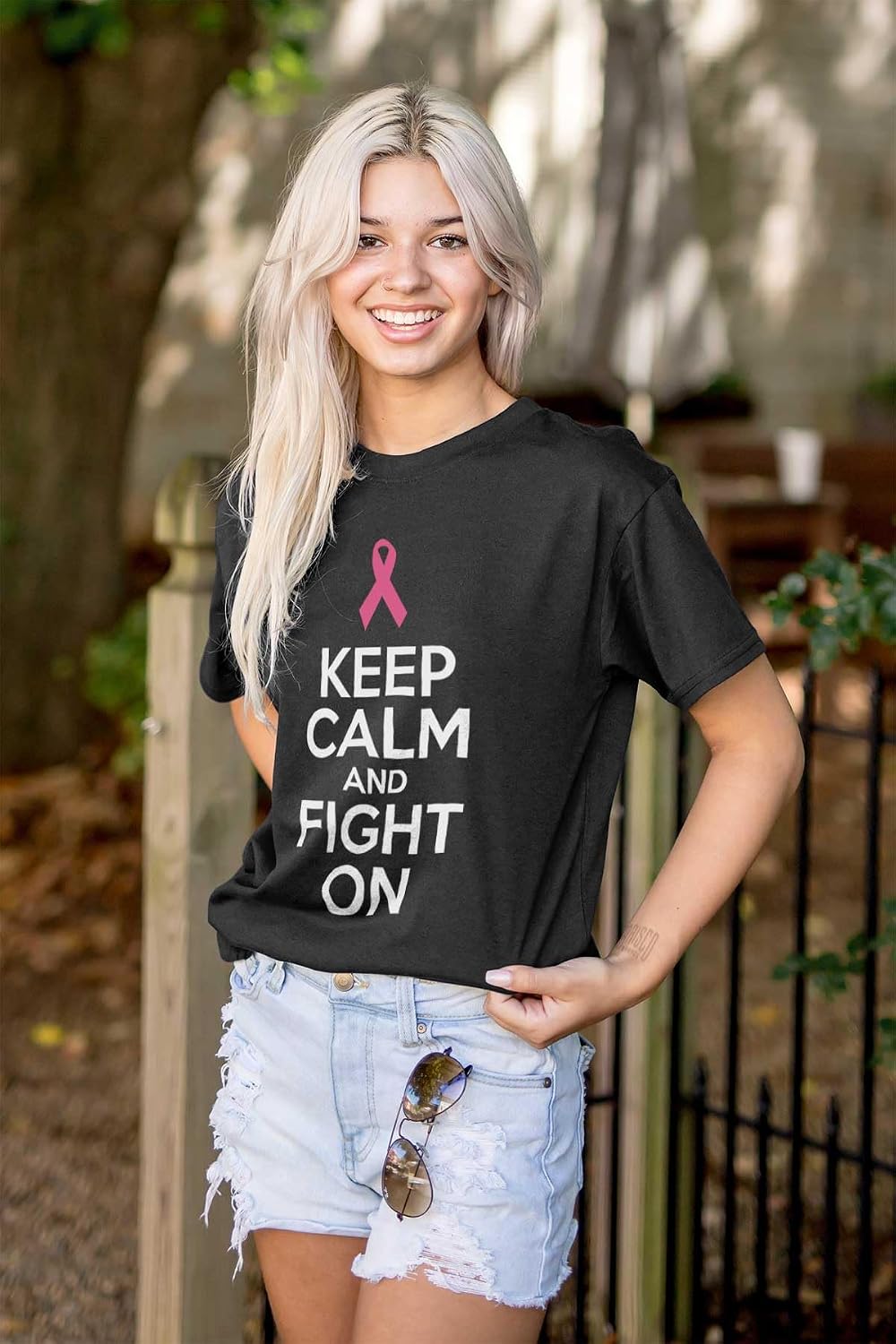 Keep Calm and Fight On Breast Cancer Womens Graphic T Shirt Tees
