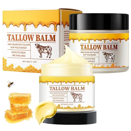 Tallow and Honey Balm, Sarga de res premium y miel silvestre, bálsamo para hidratación de la piel, sargo de carne alimentada con pasto y bálsamo de