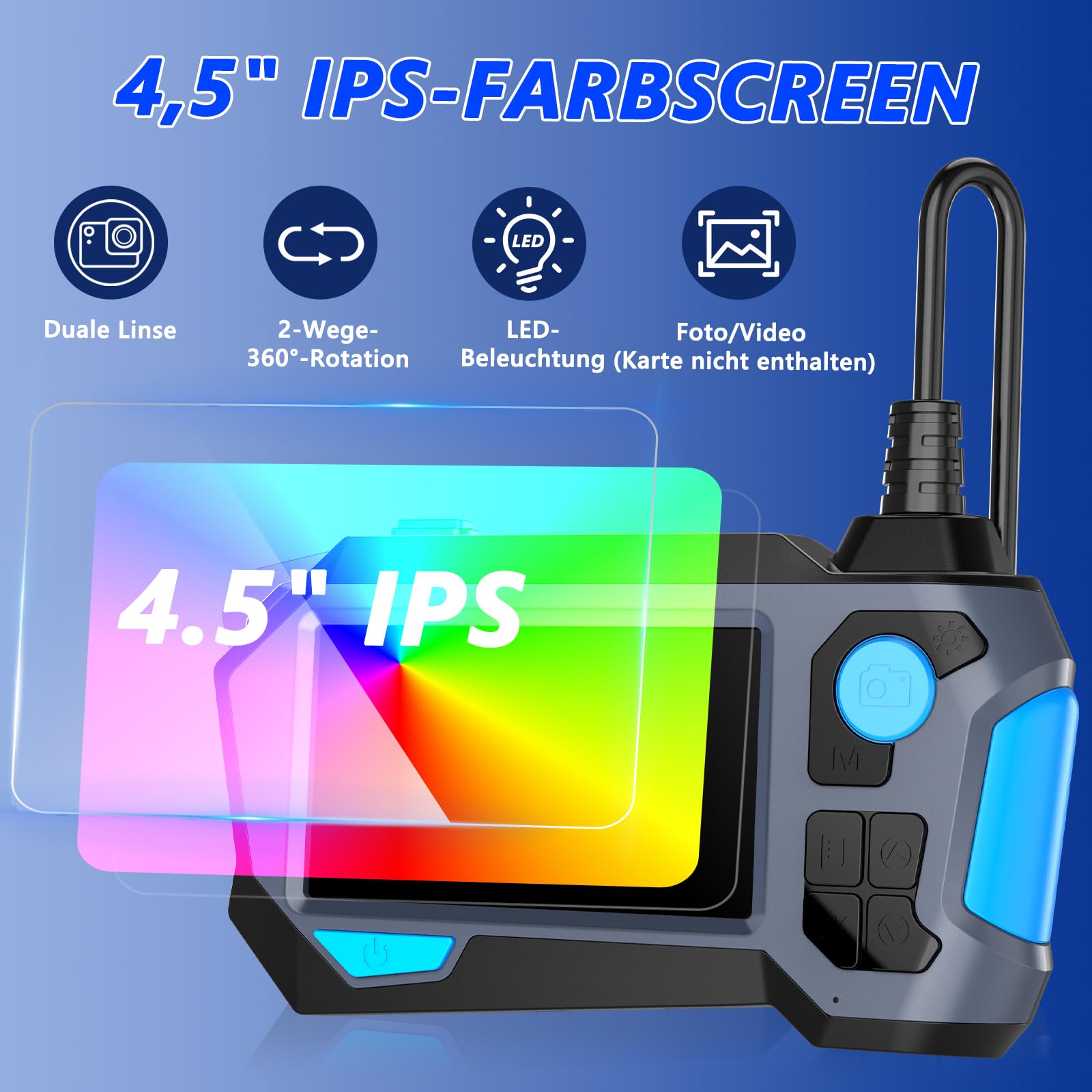 Endoskopkamera mit Licht, Ferdiiz 1920P HD Dual-Objektiv mit 720° Zwei-Wege-Drehung, Endoskopkamera Beweglicher Kopf mit 4,5” IPS Bildschirm, IP68 Halbstarre Rohrkamera, 8+1 LED-Inspektionskamera - 5M