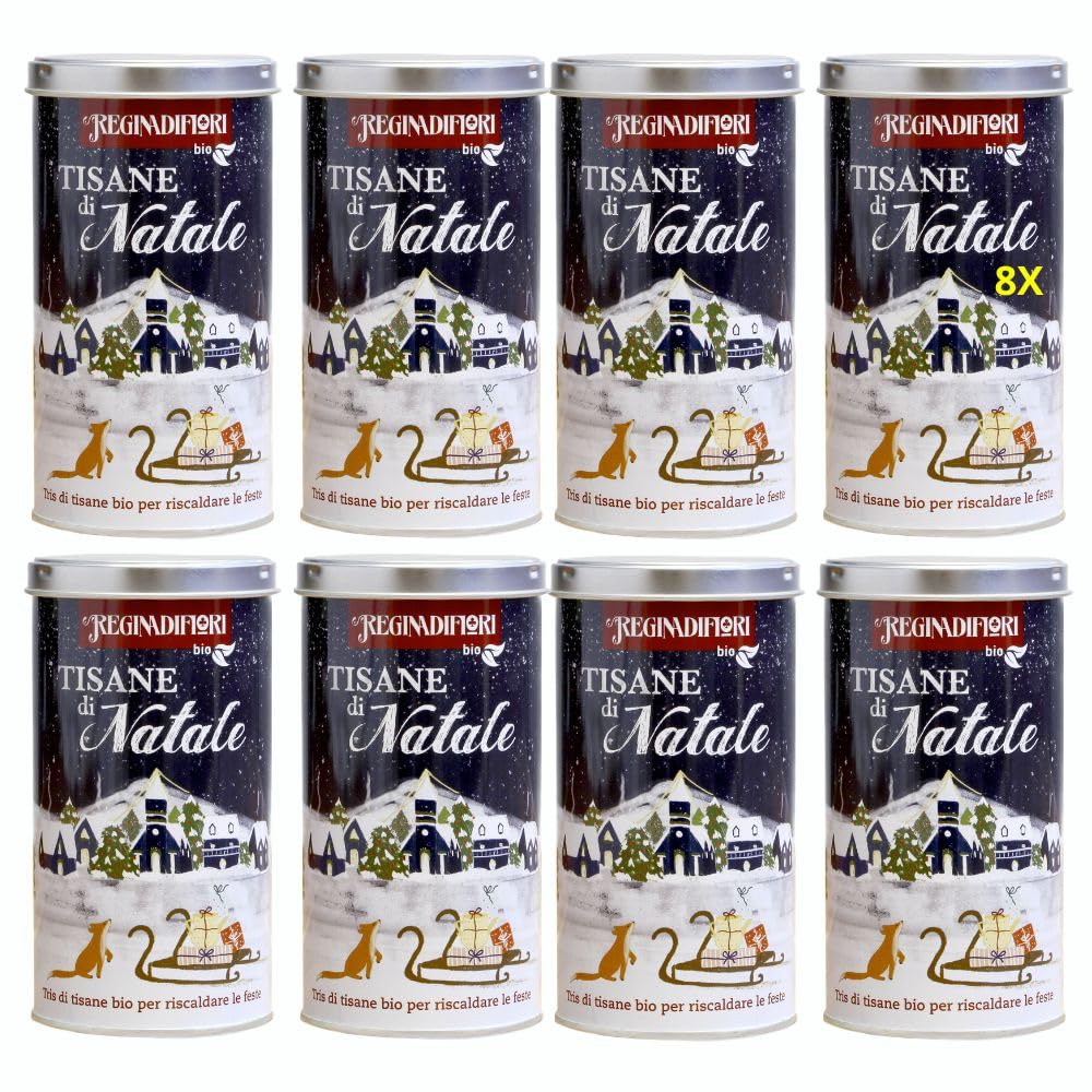 Regina di Fiori - Tisane del Natale. 8 Lattine Decorate con 12 Filtri Assortiti da 3g. Biologico