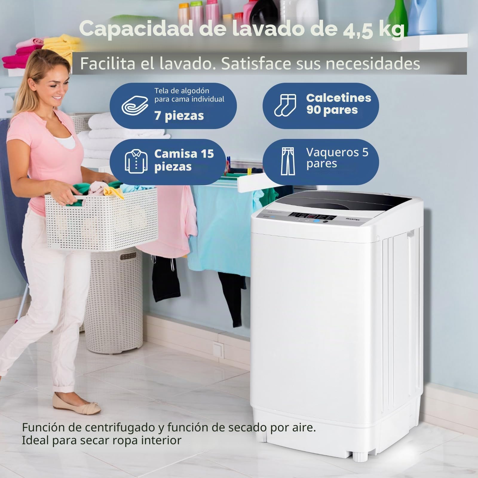 FANTASK Lavadora pequeña, carga superior, lavadora totalmente automática, 310 W, 50 x 50 x 85 cm, mini lavadora con pantalla, bomba y centrífuga para apartamento y autocaravana, clase energética B
