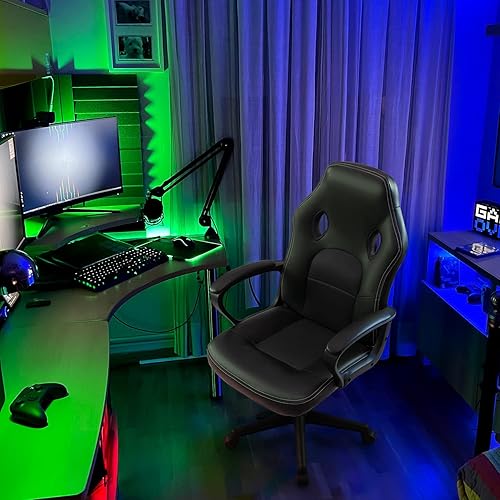 Miniatura 7 de JUMMICO Silla de juegos de cuero con respaldo alto, 300 libras, silla giratoria con brazos (negro)