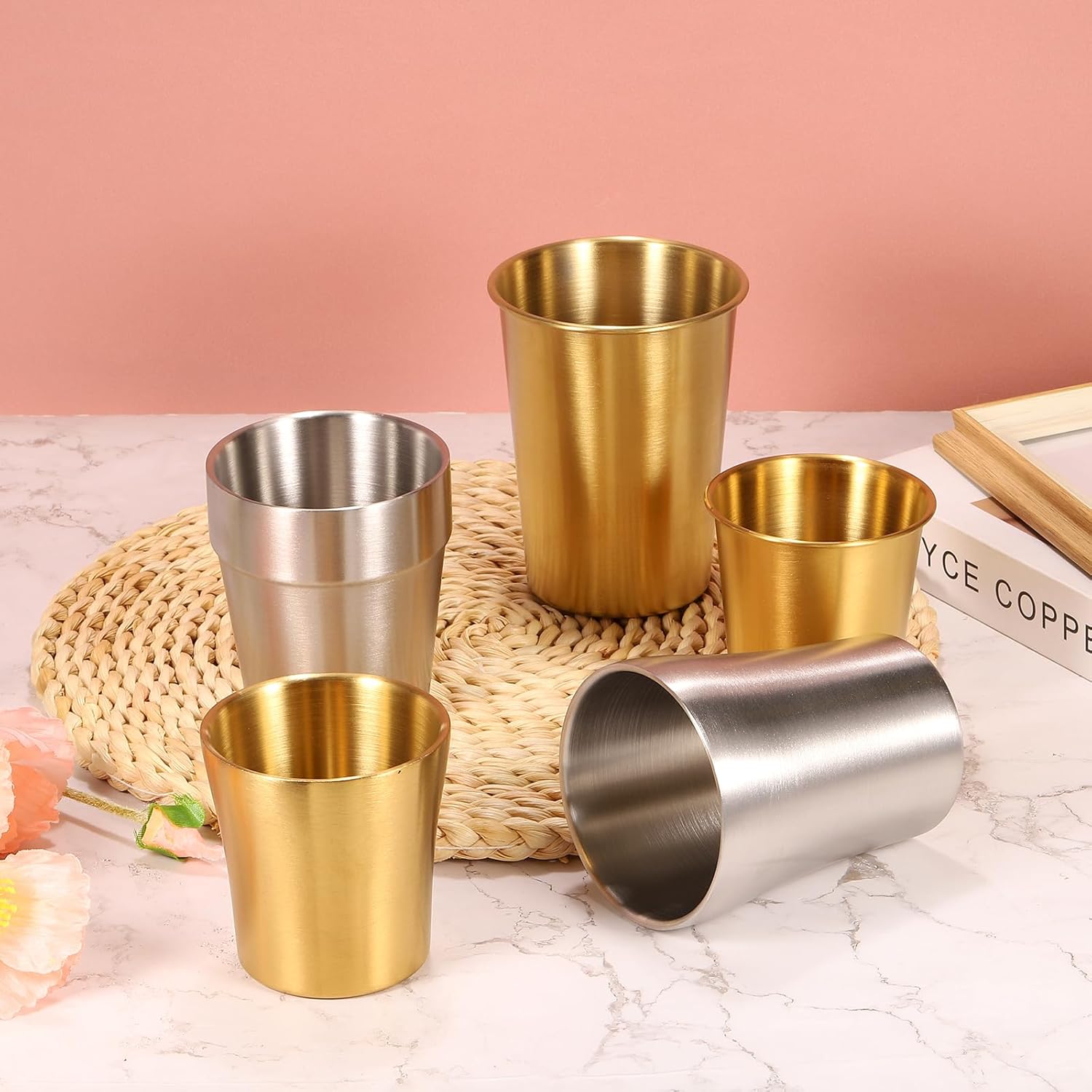 uxcell 2 Pcs 304 Stainless Steel Cup, 9.46oz/280ml Double Wall Water Cup Shatterproof Metal Drinking Tumbler for Bar Restaurant Gold