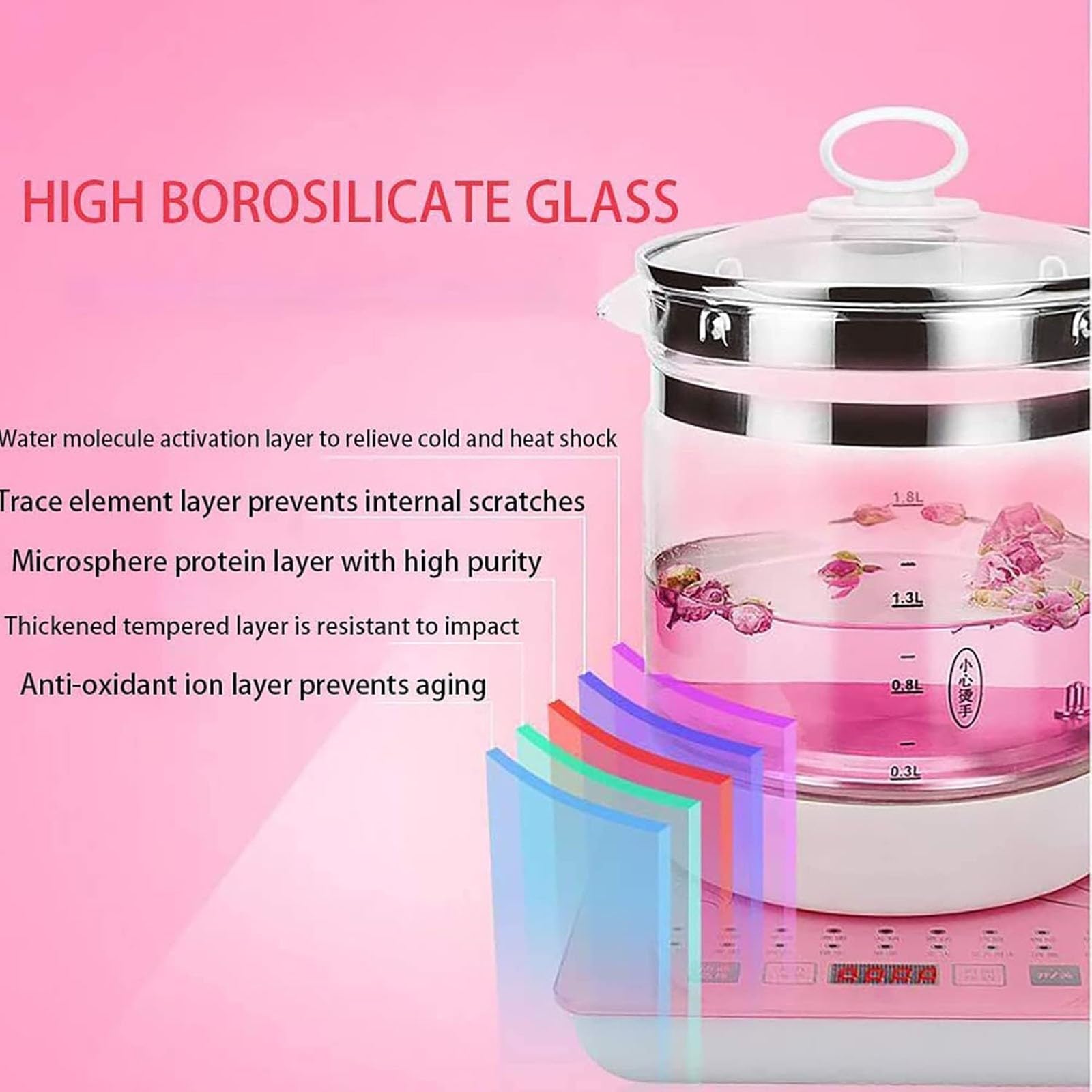 Hervidor de Agua eléctrico de 1,8 l, Tetera de Cristal, Tetera multifunción, Tetera eléctrica de Cristal con Espesamiento automático, Color Rosa