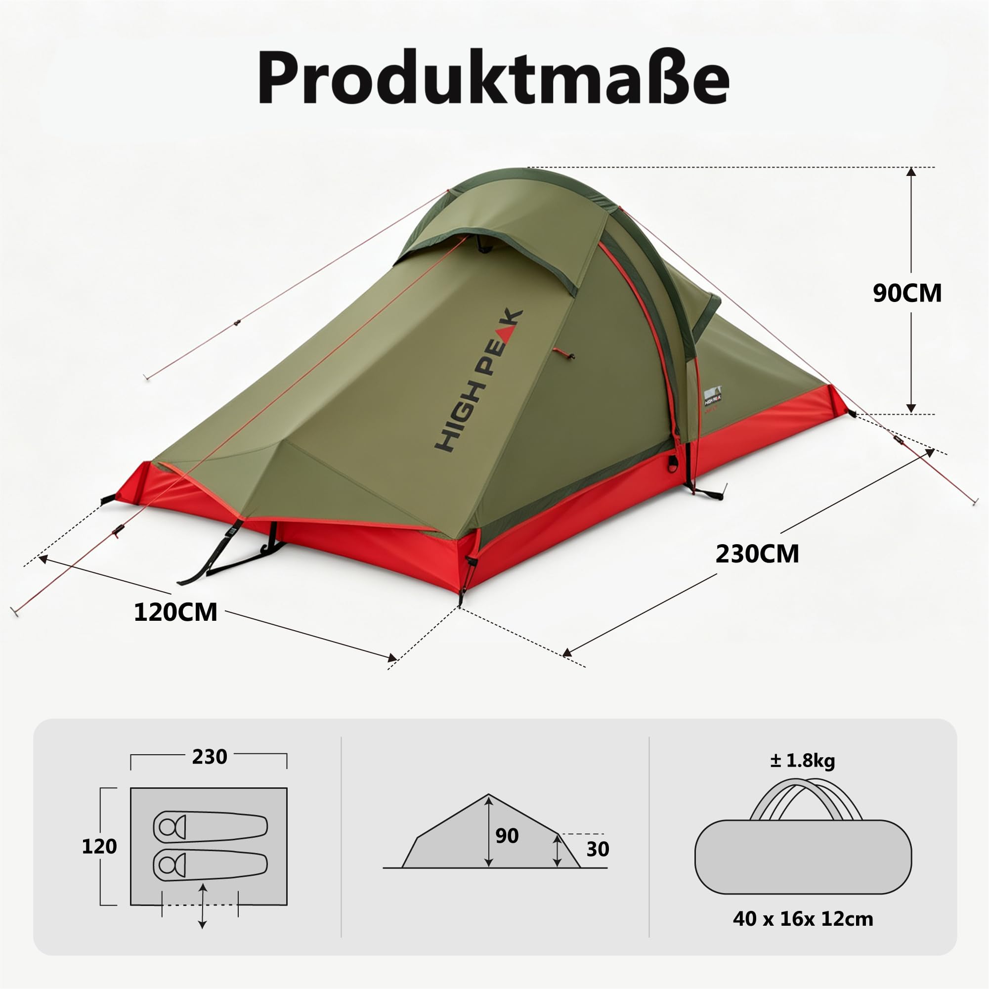High Peak Tunnelzelt 2 Personen, Ultraleicht für Trekking und Bikepacking