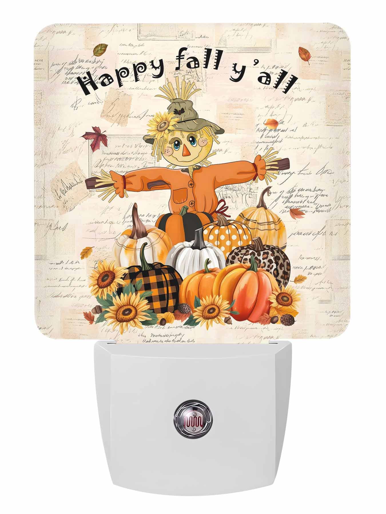 Happy Fall Y'all LED Night Light Plug into Wall Fall Thanksgiving Scarecrows Pumpkins Plug in Night Lights with Dusk to Dawn Sensor Ideal for Bedroom Hallway Stairway Nursery Room