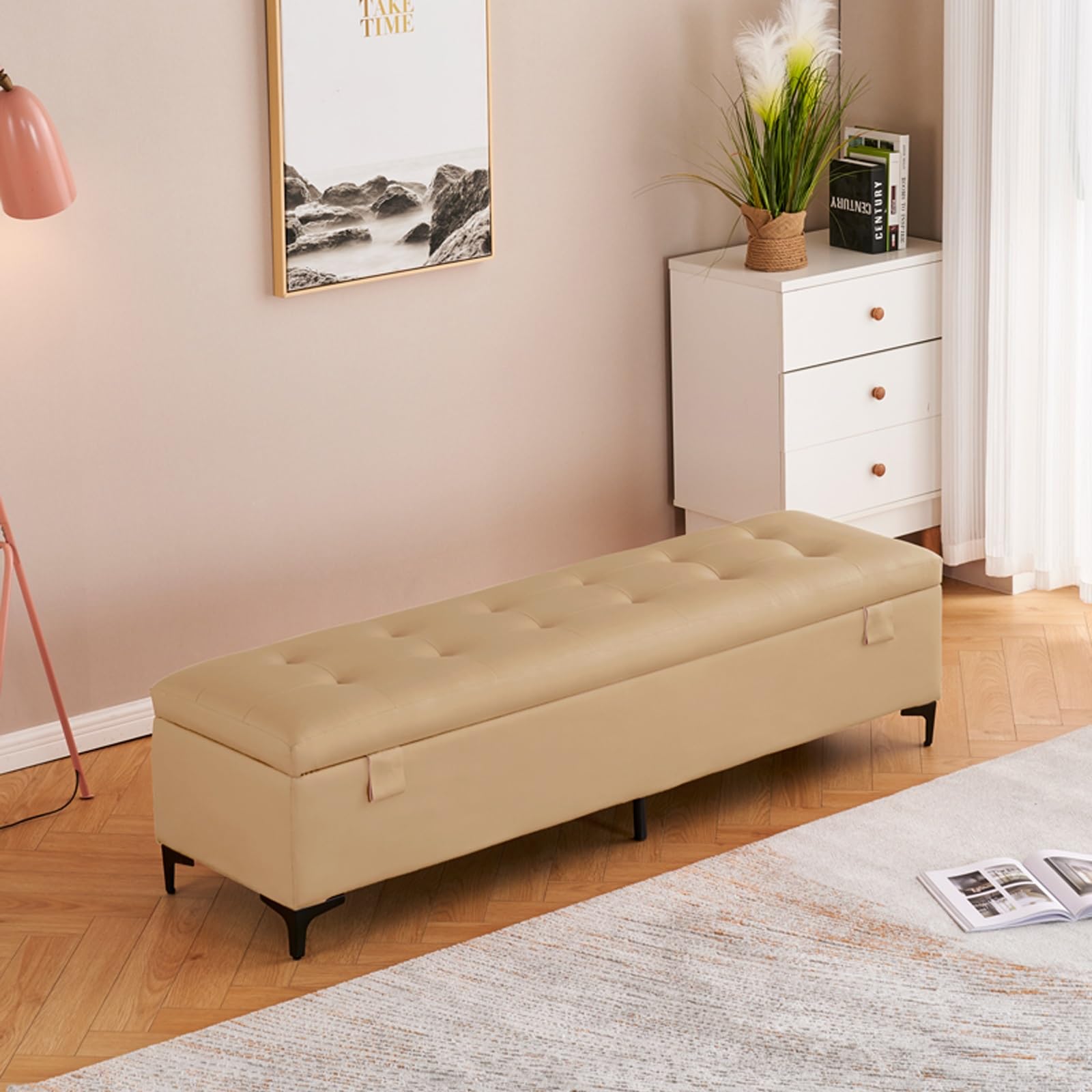 Pouf de rangement rectangulaire en similicuir noir avec grand coffre pour chambre
