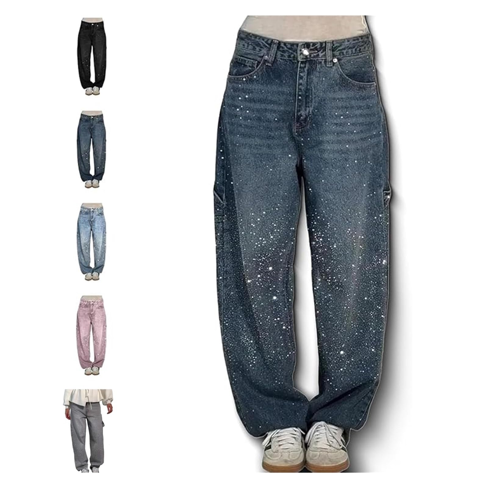 Y2k Damskie Dżinsy Z Niskim Stanem: Luźne Spodnie Vintage Z Rhinestone Dziewczyny, Luźne Spodnie Dżinsowe Prosto Z Szerokimi Nogami, Luźne Dżinsy Haremowe z Rhinestone, S-3XL