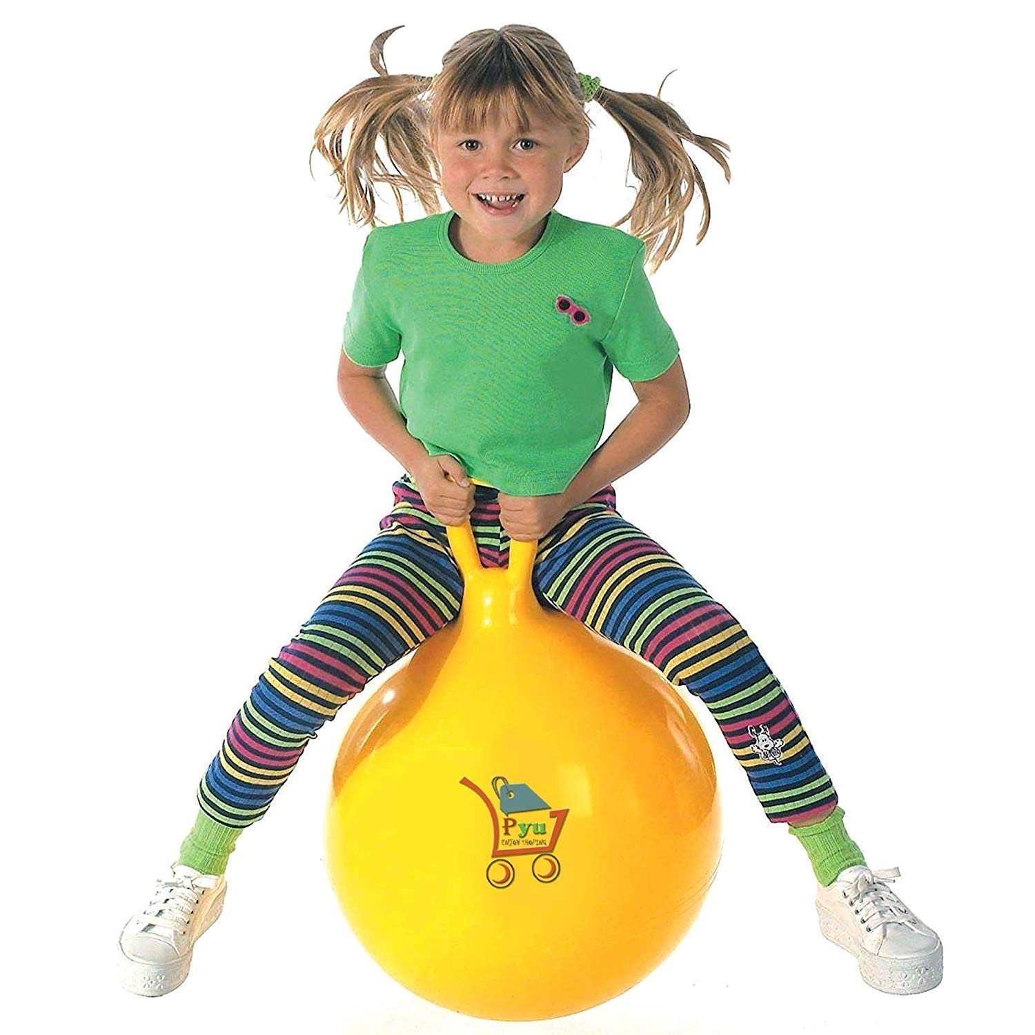 Jukusa Plastic Inflatable Sit and Bounce Rubber Hop Ball with Air Pump Space Hopper Jump Handle Ride-on Toy for Kids (Medium Size, Random Colour) 4