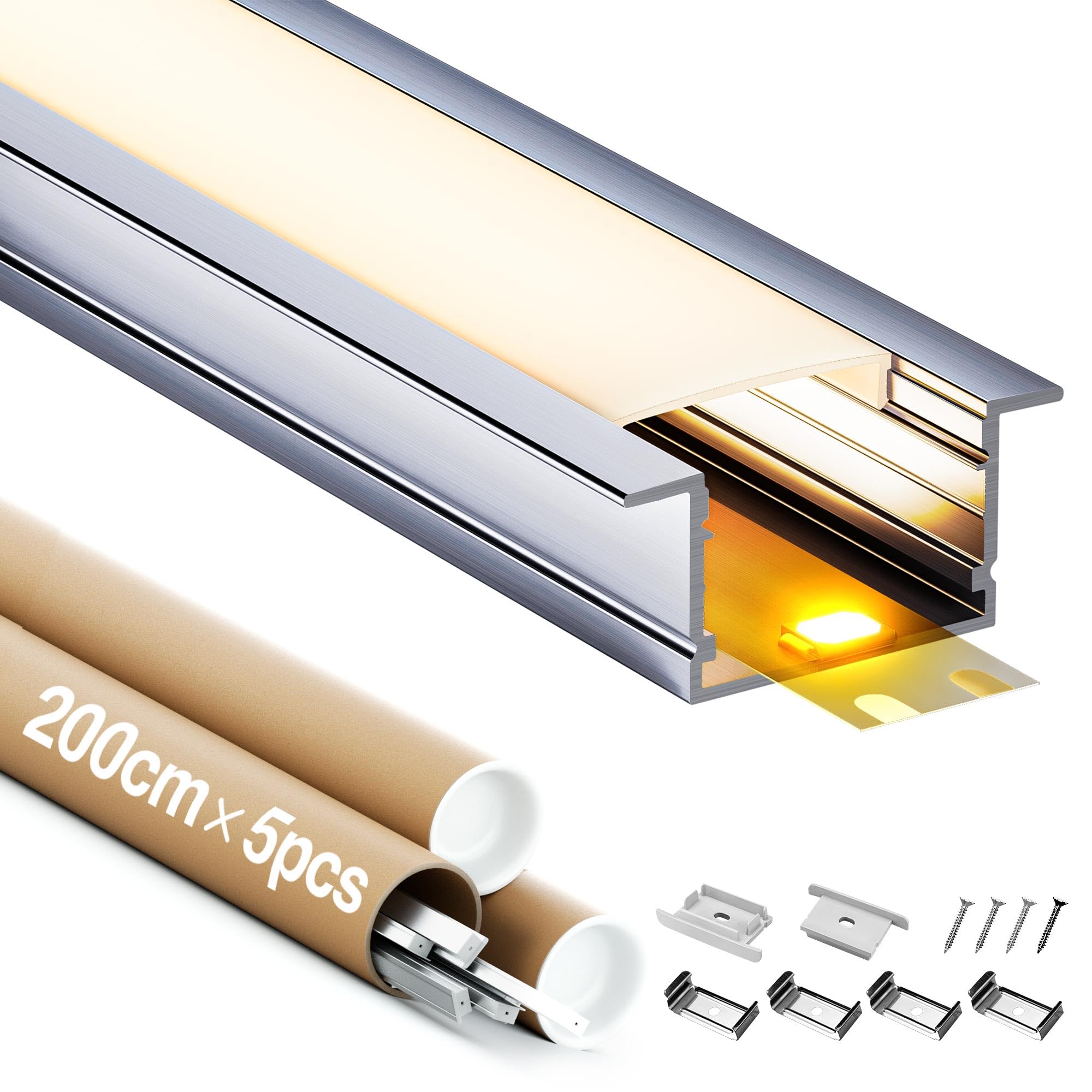 Profil LED 2 m (43 × 20 mm) – 5 sztuk profili aluminiowych LED do taśm LED do 25 mm, w zestawie dyfuzor LED zapewnia równomierne oświetlenie, z pokrywą, zaślepkami, śrubami i śrubami (2 m 5 sztuk)