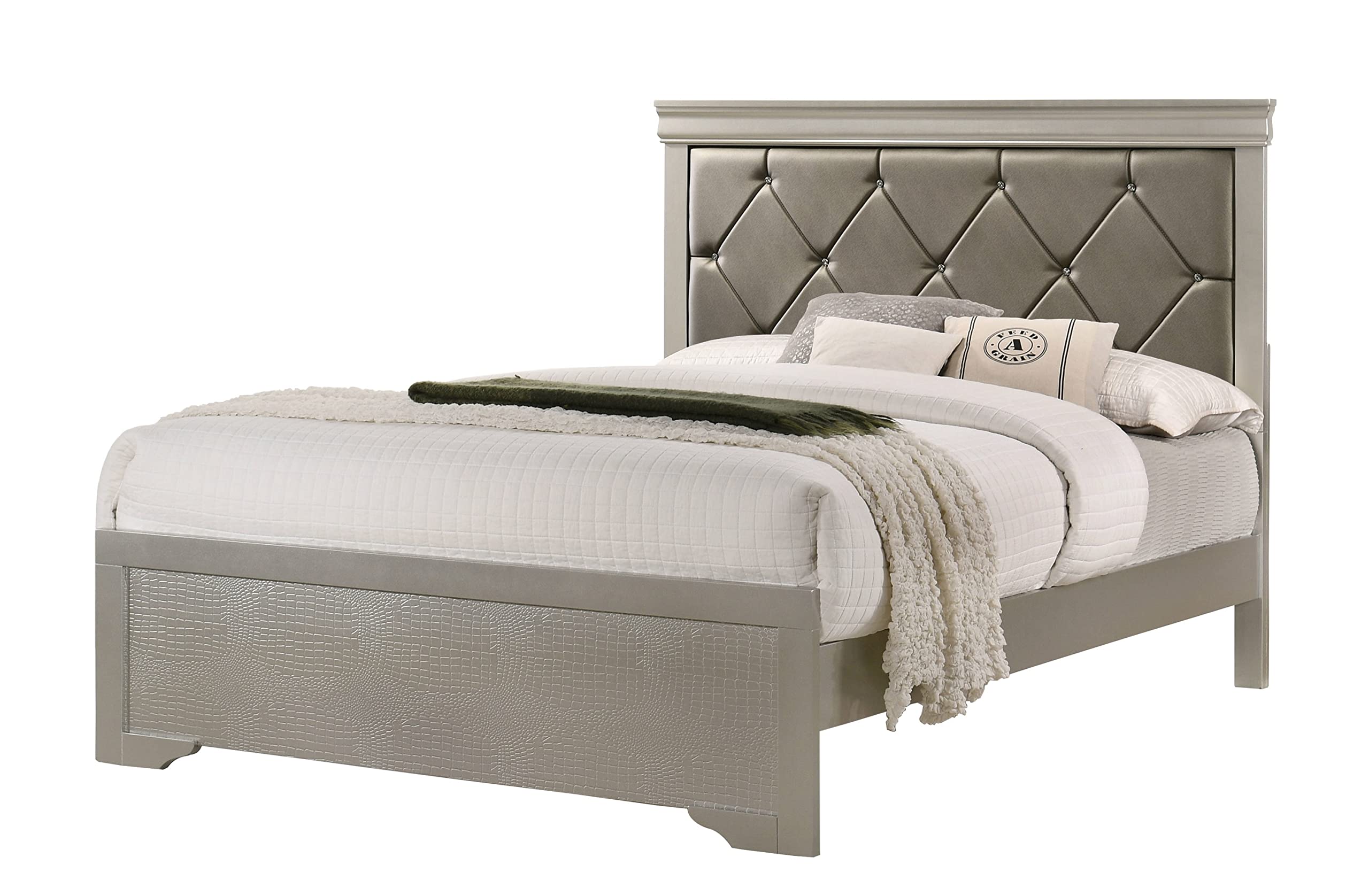 Esofastore1Pc Silver Finish Full Size Panel Upholstered Button Tufted Headboard Bed Wooden Bedroom Furniture