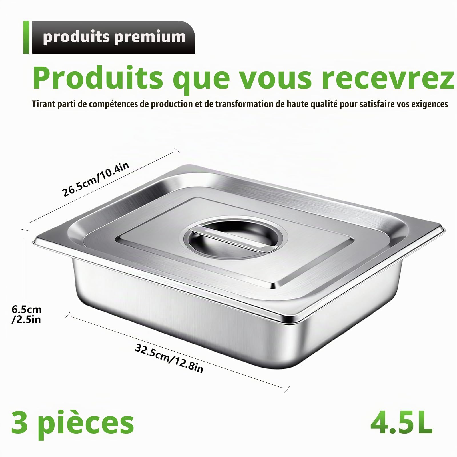 Lot de 3 bols à panure rectangulaires, en acier inoxydable, avec couvercle, 32,5 x 26,5 x 6,5 cm, pour côtelettes, viande, poisson