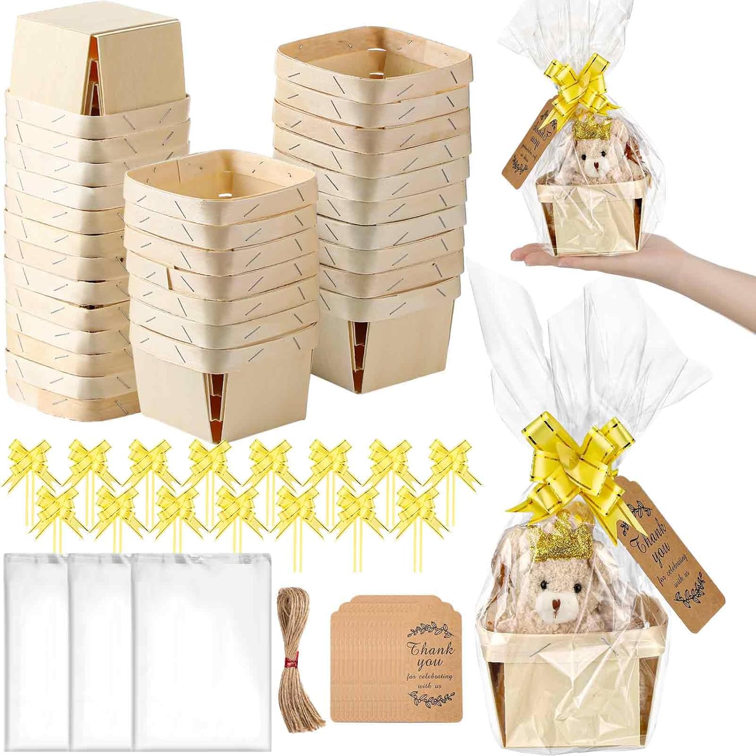 Pinkunn 30 Set Wooden Gift Baskets, with Clear Wrap Paper Bow Rope and Thank You Cards for Birthday Party Favors, 4'' Square Vented Wood Boxes