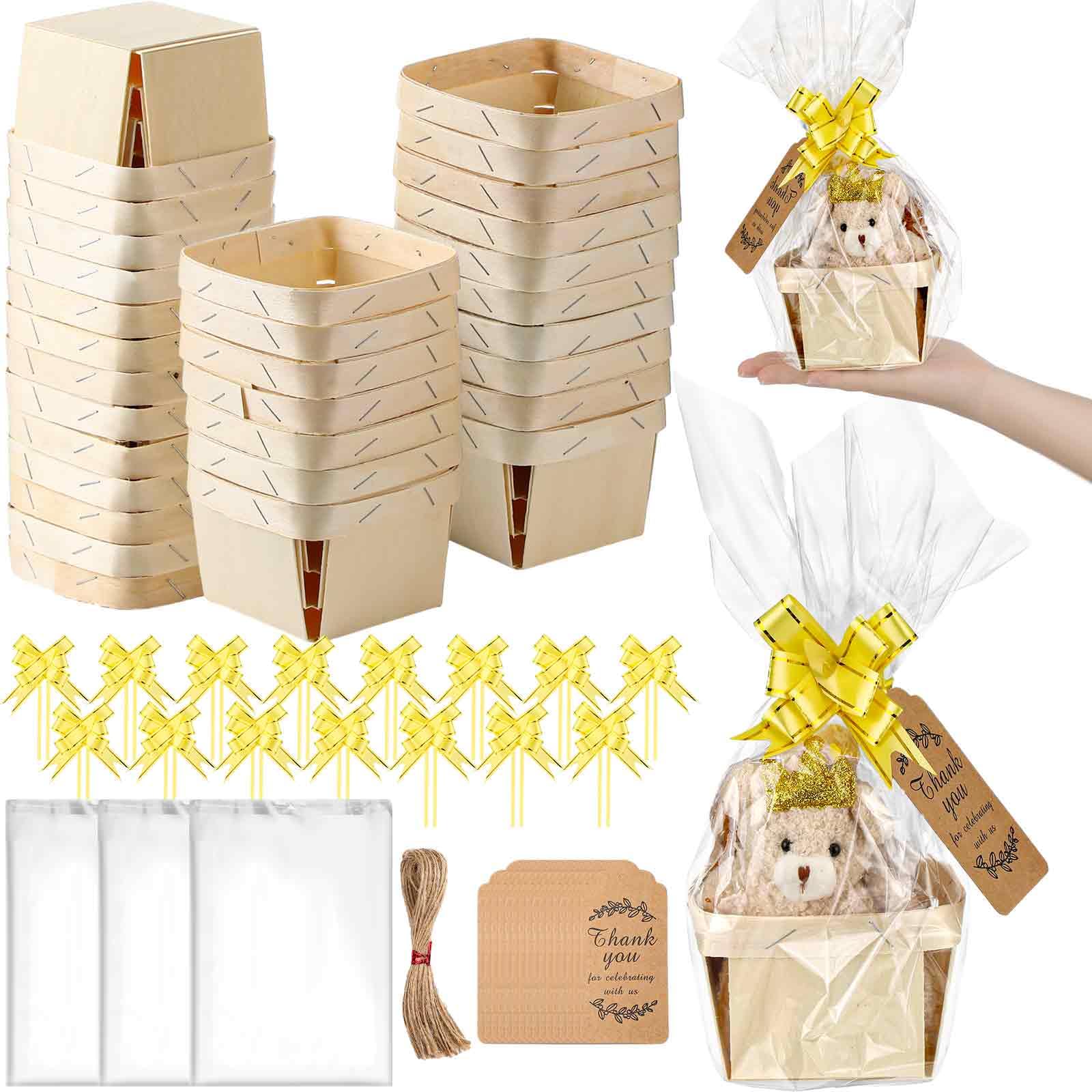 Pinkunn 30 Set Wooden Gift Baskets, with Clear Wrap Paper Bow Rope and Thank You Cards for Birthday Party Favors, 4'' Square Vented Wood Boxes