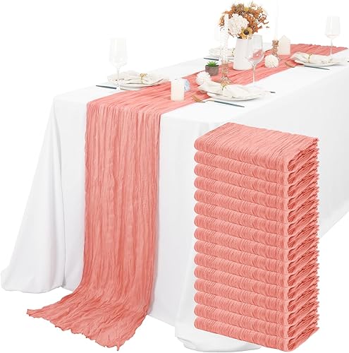 Paquete de 15 caminos de mesa de estopa, color coral melocotón, gasa rústica de 10 pies, decoración bohemia para boda, fiesta, despedida de soltera,