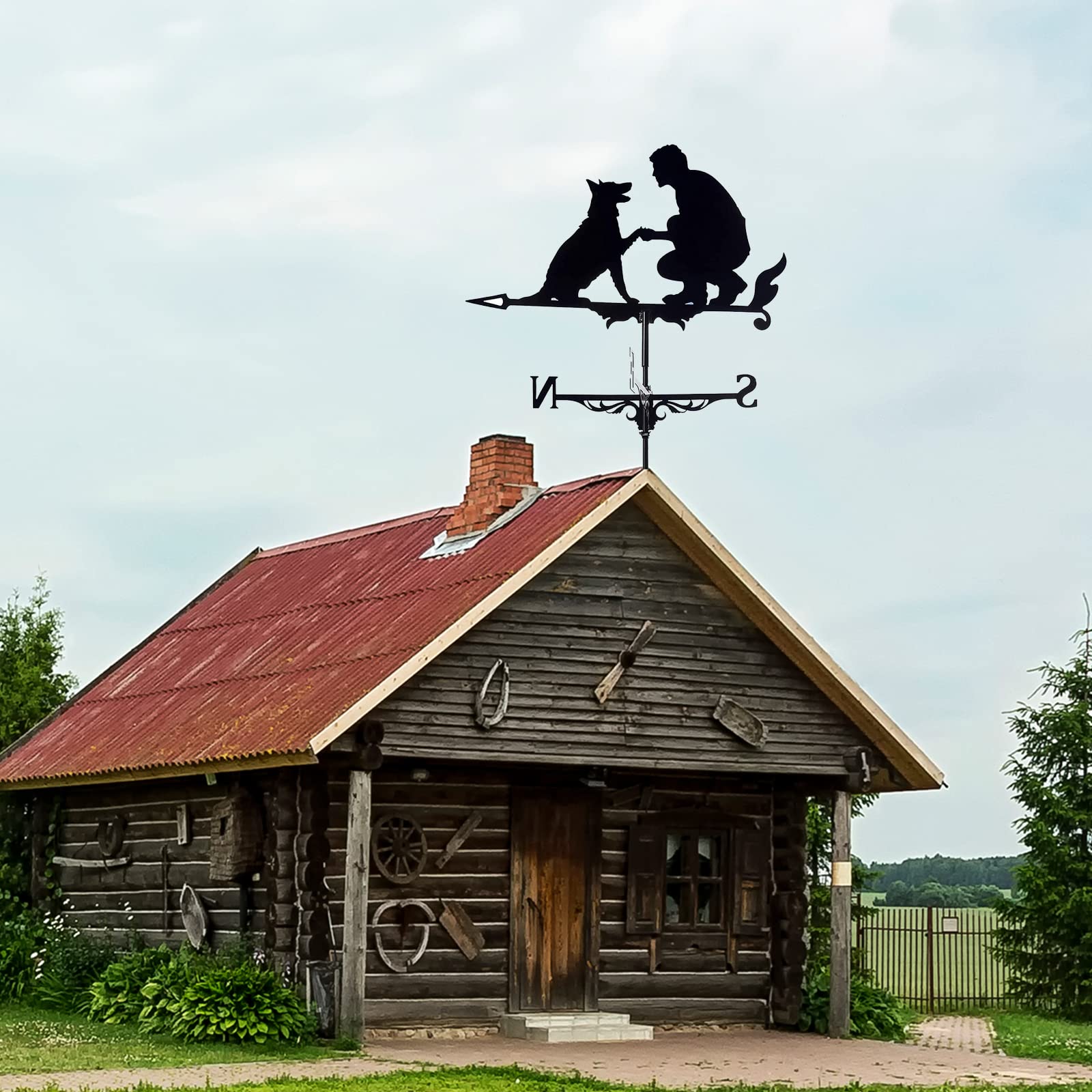Weathervane wiatrowskaz ogrodowy człowiek i pies wiatrowskaz z drążkiem dachowym kierunek wiatru zewnętrzny metalowy wspornik wiatrowskaz ogrodowy dekoracyjny wiatrowskaz