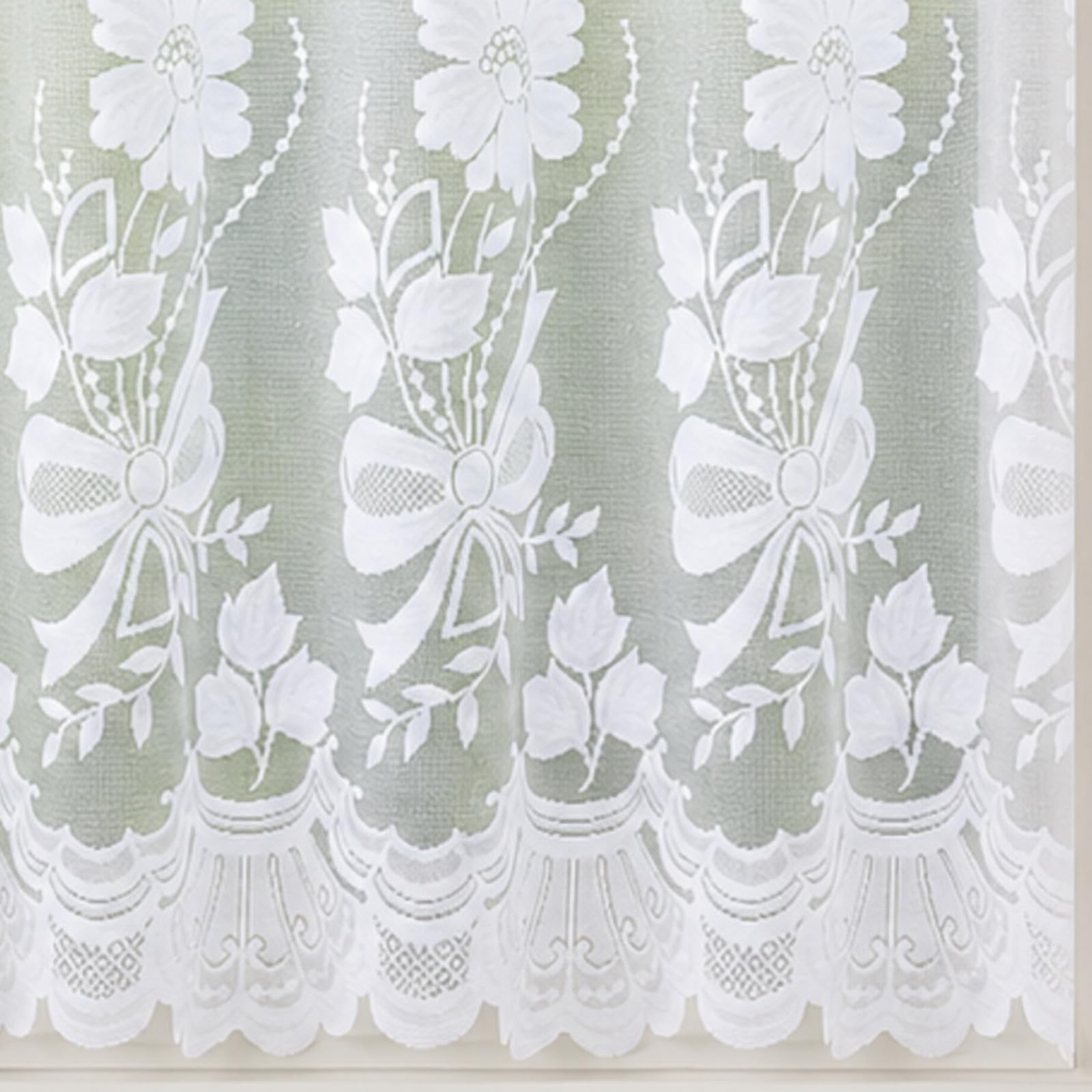 60" (152cm) Drop - Rosabelle White Floral Bouquet And Bow Lace Net Curtain With Scalloped Hem - Choose Your Design - Sold By The Metre - Supplied In One Continuous Piece - Slot Top