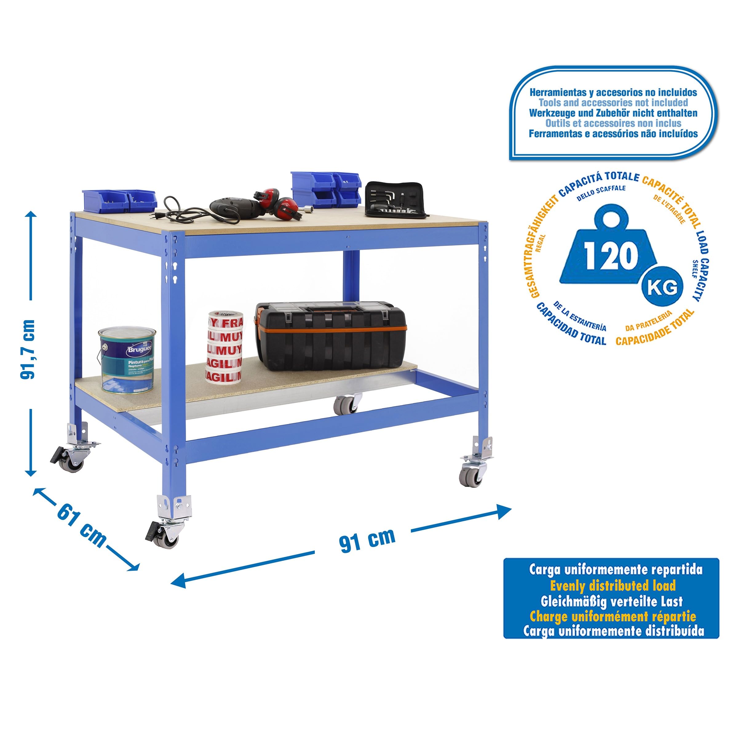 Simon Rack Mesa de Trabajo Taller con Ruedas 910x610 mm - BT0 | Capacidad Carga 120 kg, Tablero madera 16 mm, Pintura anticorrosión, Azul , Montaje sistema clic
