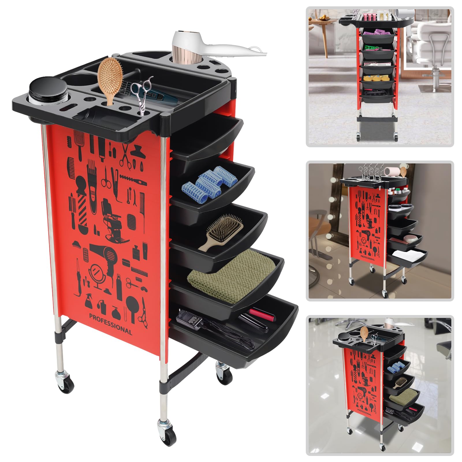 Carrello da parrucchiere con 5 cassetti, per parrucchieri, cosmetici, saloni di bellezza, barbiere, spa, salone per saloni di bellezza (rosso)