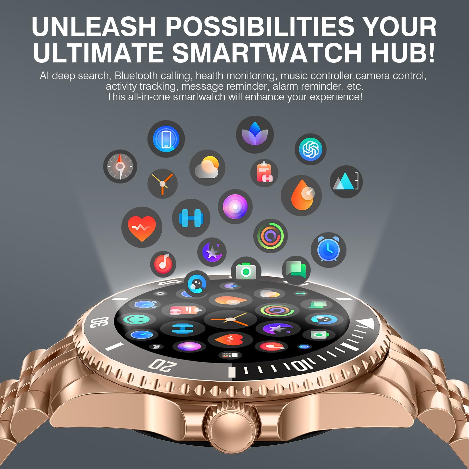 2025 AI Smartwatch Herren Rund, 1.19" Smart Watch mit Anrufe tätigen/Empfangen, 107 Sportmodi Fitnessuhr mit Herzfrequenz/Schrittzähler/Schlafmonitor, Wasserdicht Sportuhr für Android iOS, Gold