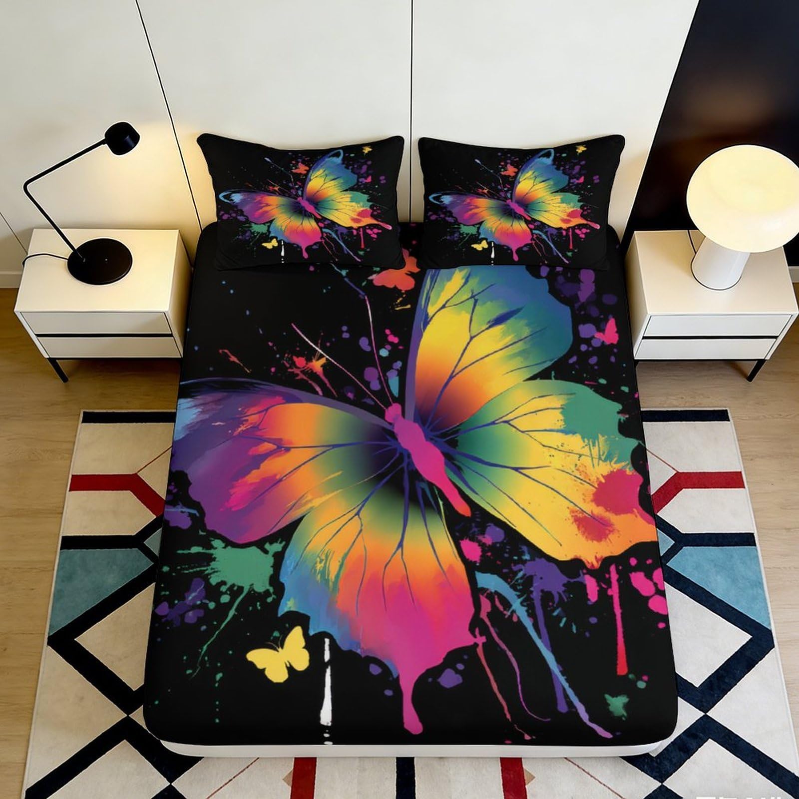 3D Printed Rainbow Butterfly Fitted Sheet Microfiber Soft Anti-Slip Splash Art Bed Cover for Bedroom Guestroom Decor 90x200x25cm