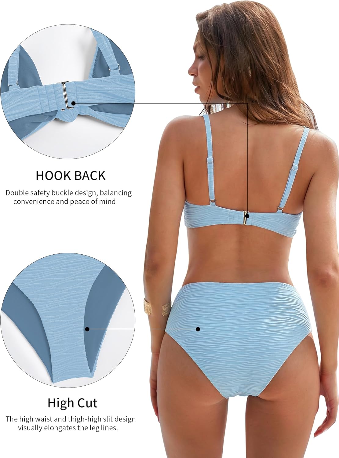 ZAFUL Bikini Set for Women V Neck Knot Front Push Up Bathing Suit High Cut Two Piece Swimsuit Brazilian Cheeky Swimwear