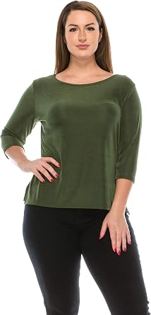 Jostar Womens Basic T Shirts - 3/4 Sleeve Scoop Neck Soft Wrinkle Free Solid Top with Side Slit