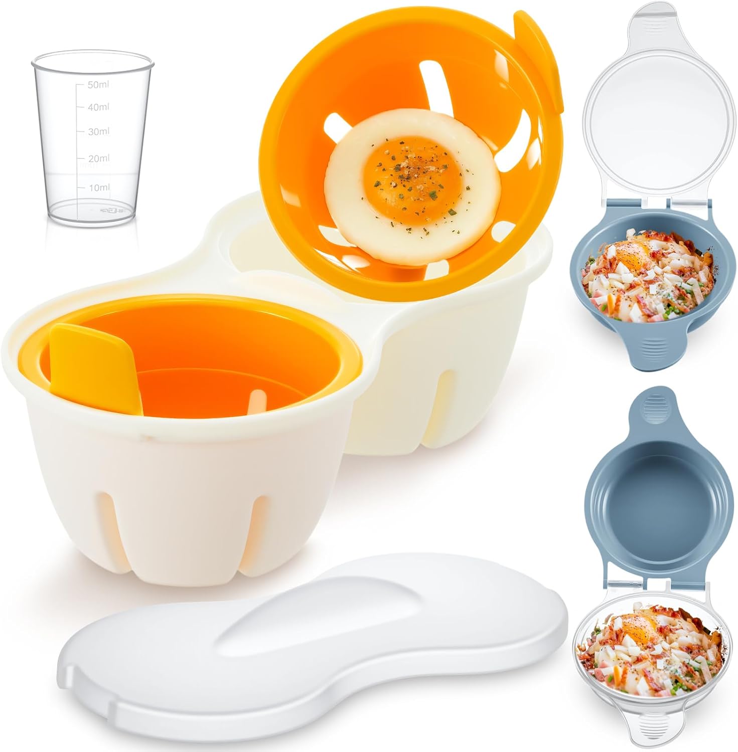 LemonRoad 4 Pcs Microwave Egg Cooker/poacher Set, 3 Microwave Egg Maker and 1 Measure Cup, Easy Breakfast Set, Hamburg Omelet Maker, Easy Scrambled Omelet Cooker, Kitchen Gadget