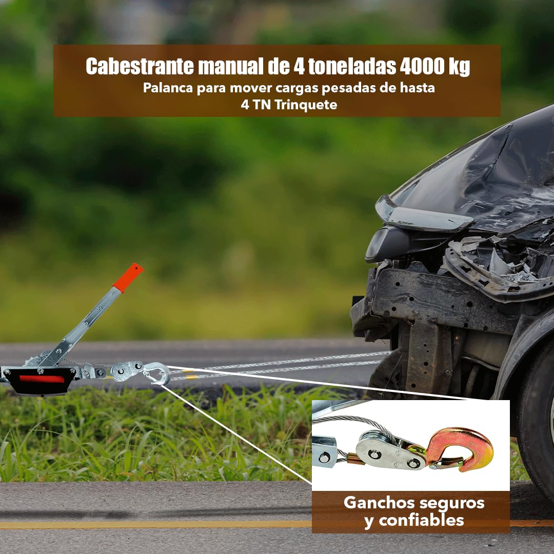 Cabestrante manual de 4 toneladas 4000 kg - 2,5 METROS de cable - Polipasto RZ TOOLS de palanca para mover cargas pesadas de hasta 4 TN Trinquete