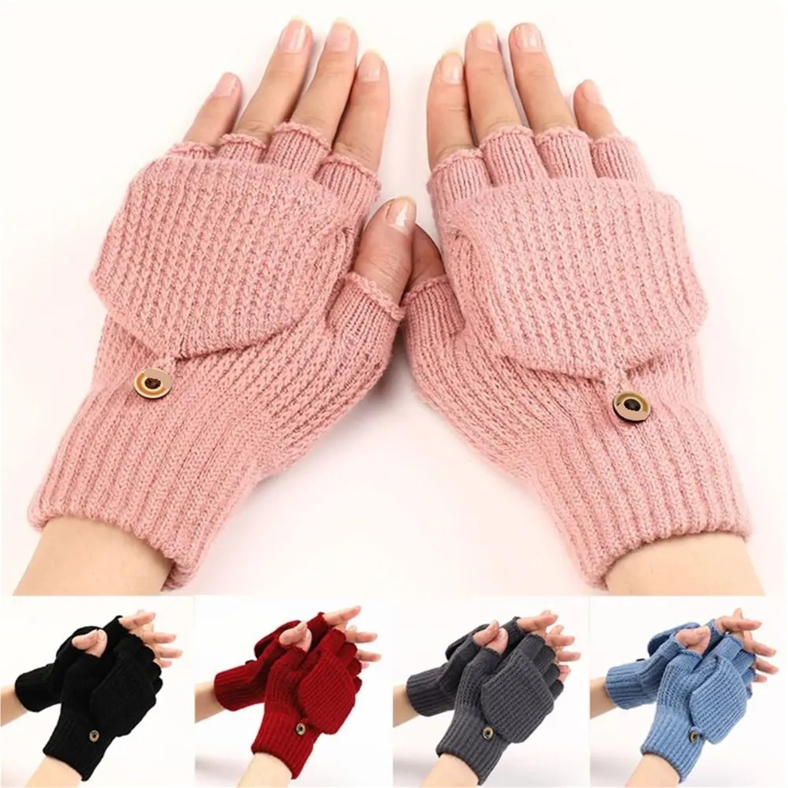 2 pares de guantes punto gruesos con tapa, expuestos Color sólido, manoplas suaves ganchillo sin dedos, cálidas invierno