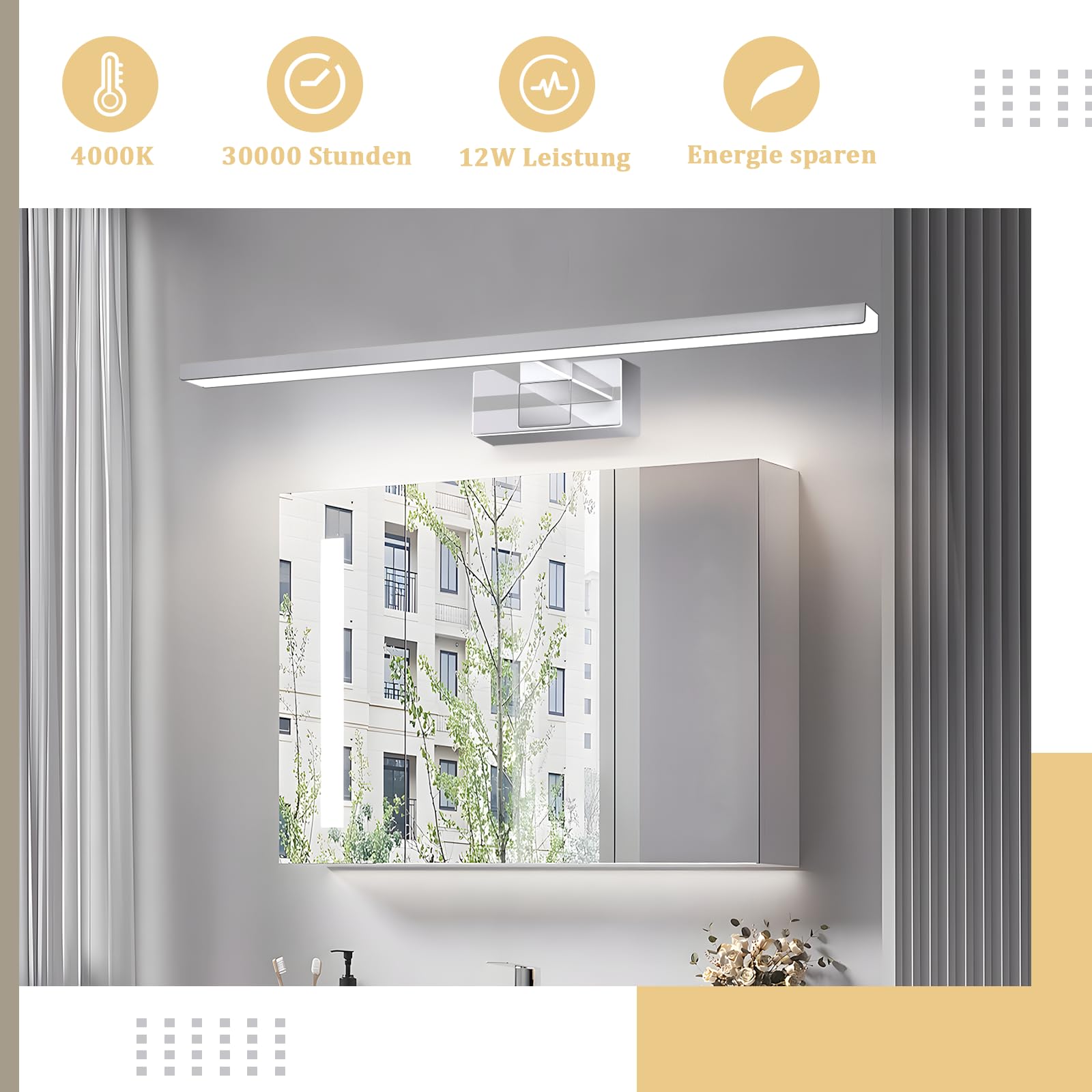 Homefire LED specchio luce bagno lampada specchio 12W bagno luce parete | 60CM impermeabile IP44 cromo moderno neutrobianco 4000K lampada da parete per seminterrato cucina