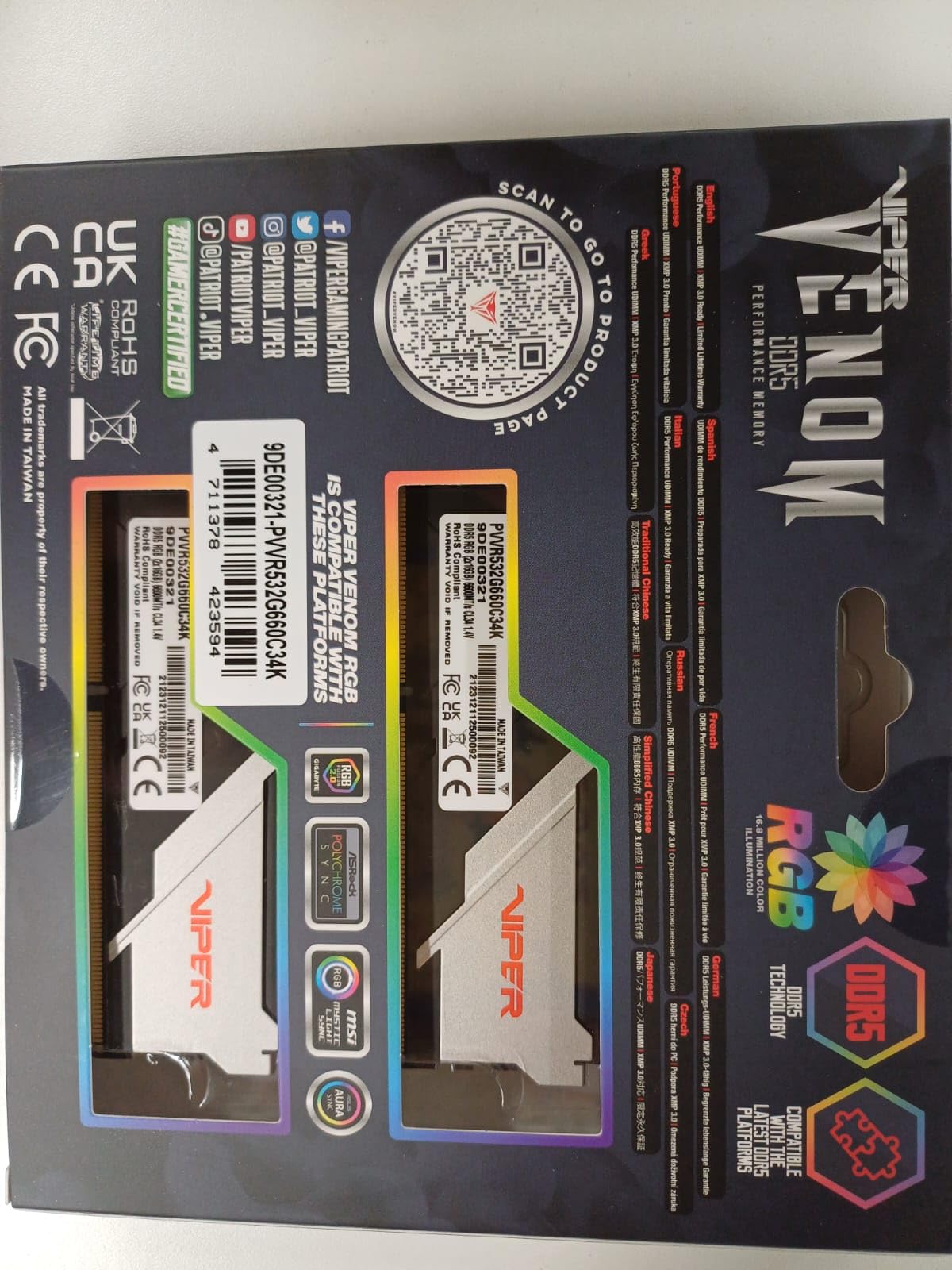 Patriot Viper Venom RGB DDR5 RAM 32GB (2X16GB) 6600MHz CL34 1.4v