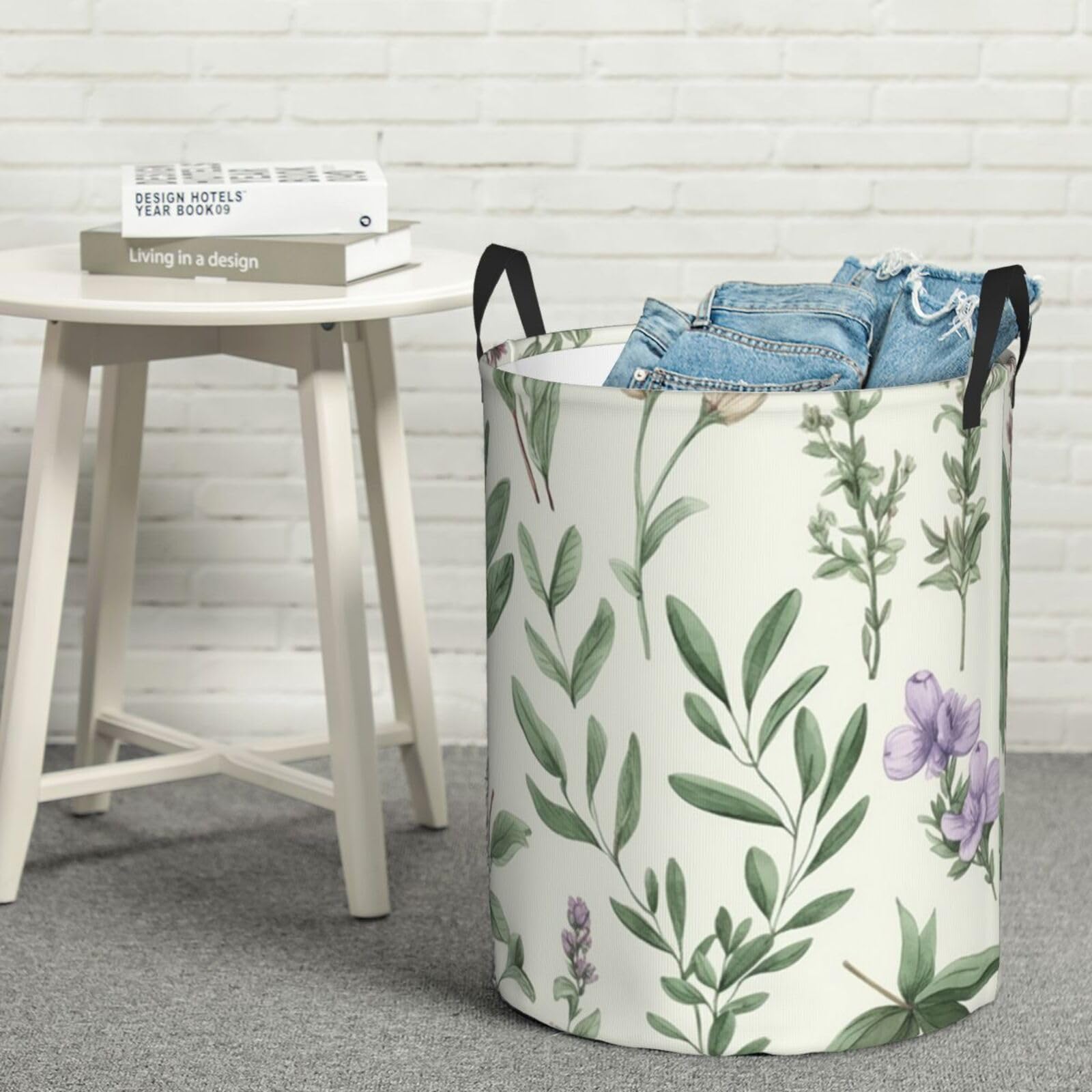 Fodpand Black Green Flower Herb Sage Leaves And Branches Laundry Basket With Handle, Freestanding Laundry Hamper, Collapsible Dirty Clothes Hamper, Blanket Storage Basket Tall Toy Storage Bin Room Decor Small