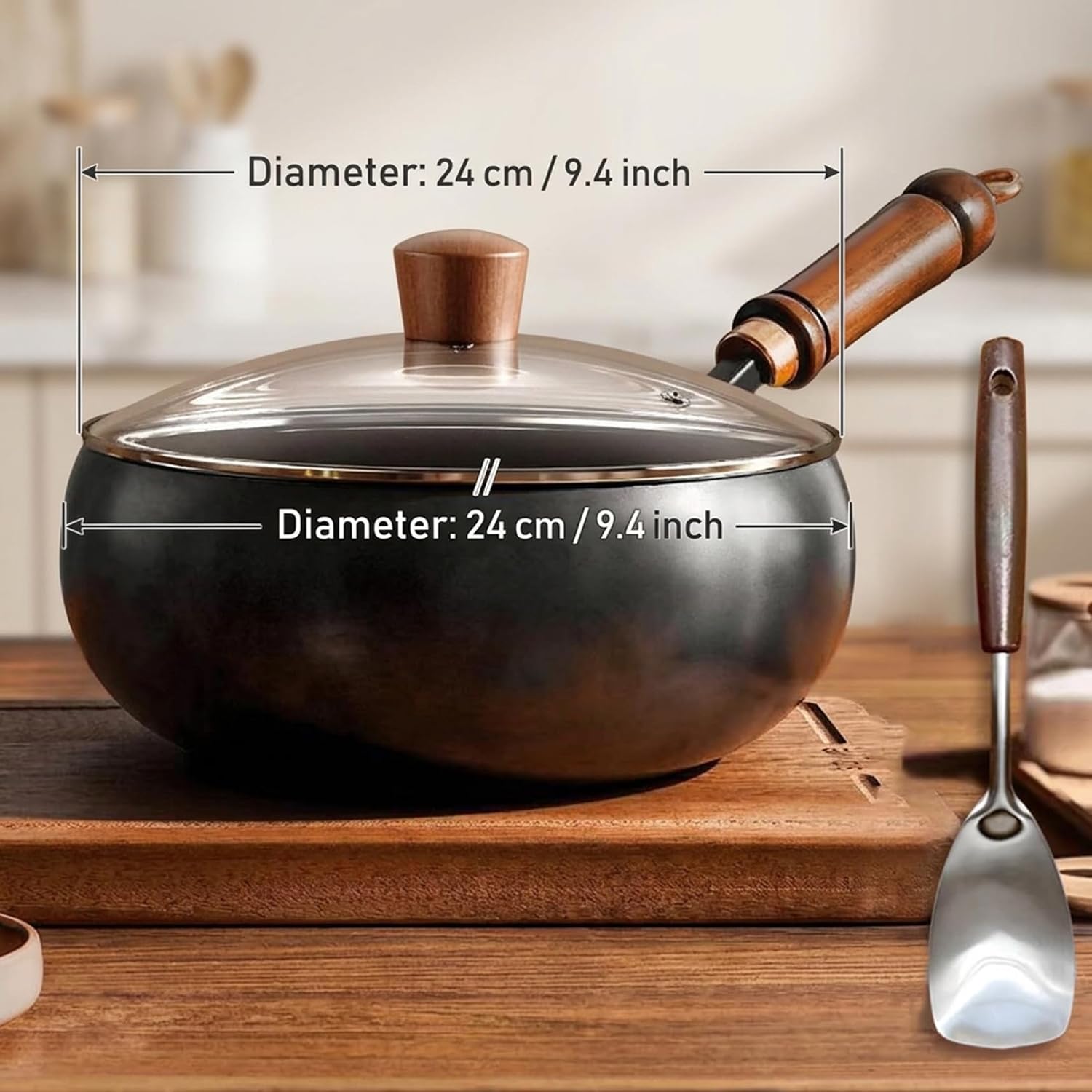 Cast Iron Wok, 10in Uncoated Iron Skillet for Healthy Cooking, Large Capacity Wok Pan with Lid and Spatula (Pre-Seasoned)