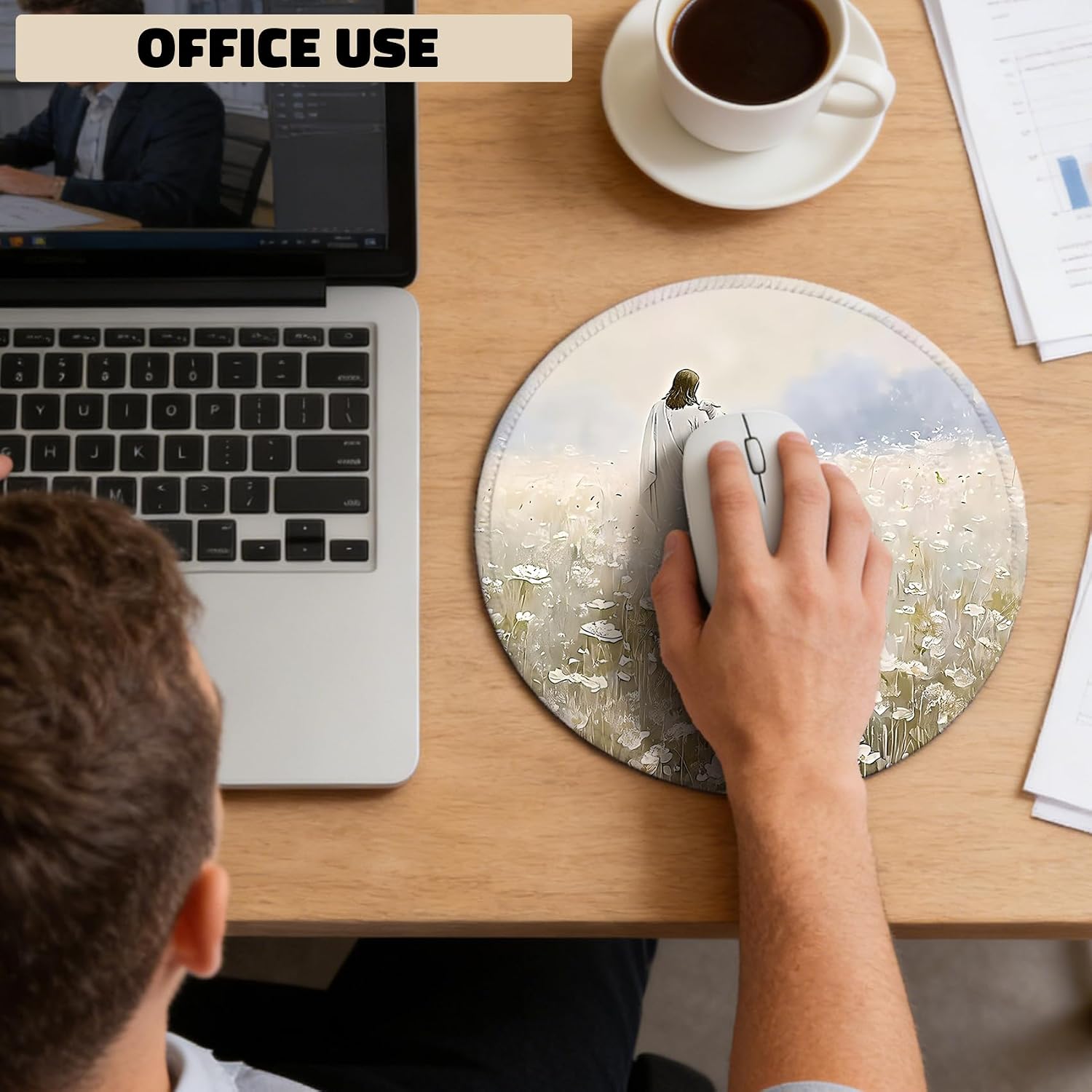 Jesus Leaves The 99 Sheep Christian Round Mouse Pad with Stitched Edge Non-Slip, Jesus and Lamb Bible Verse Scripture Mouse Mat for Computer Laptop Home Office Desk Accessories 8.6x8.6 in image 2