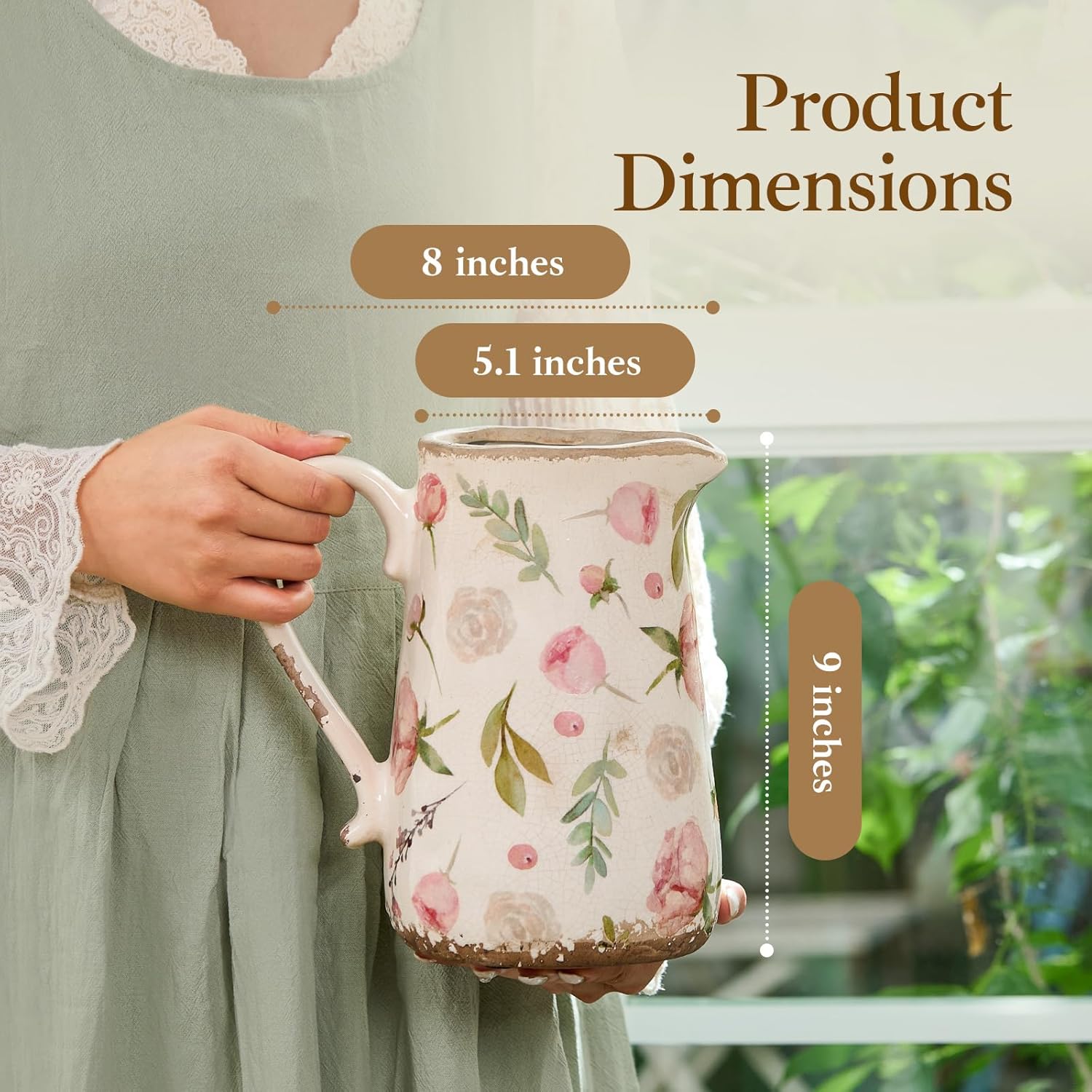 Retro Rustic Large Ceramic Vase with Handle, Distressed Farmhouse Pitcher for Home, Ideal Shelf Decor Floral Vase for Living Room Bedroom Office Table Centerpiece Decorations 9 Inch - Image 4