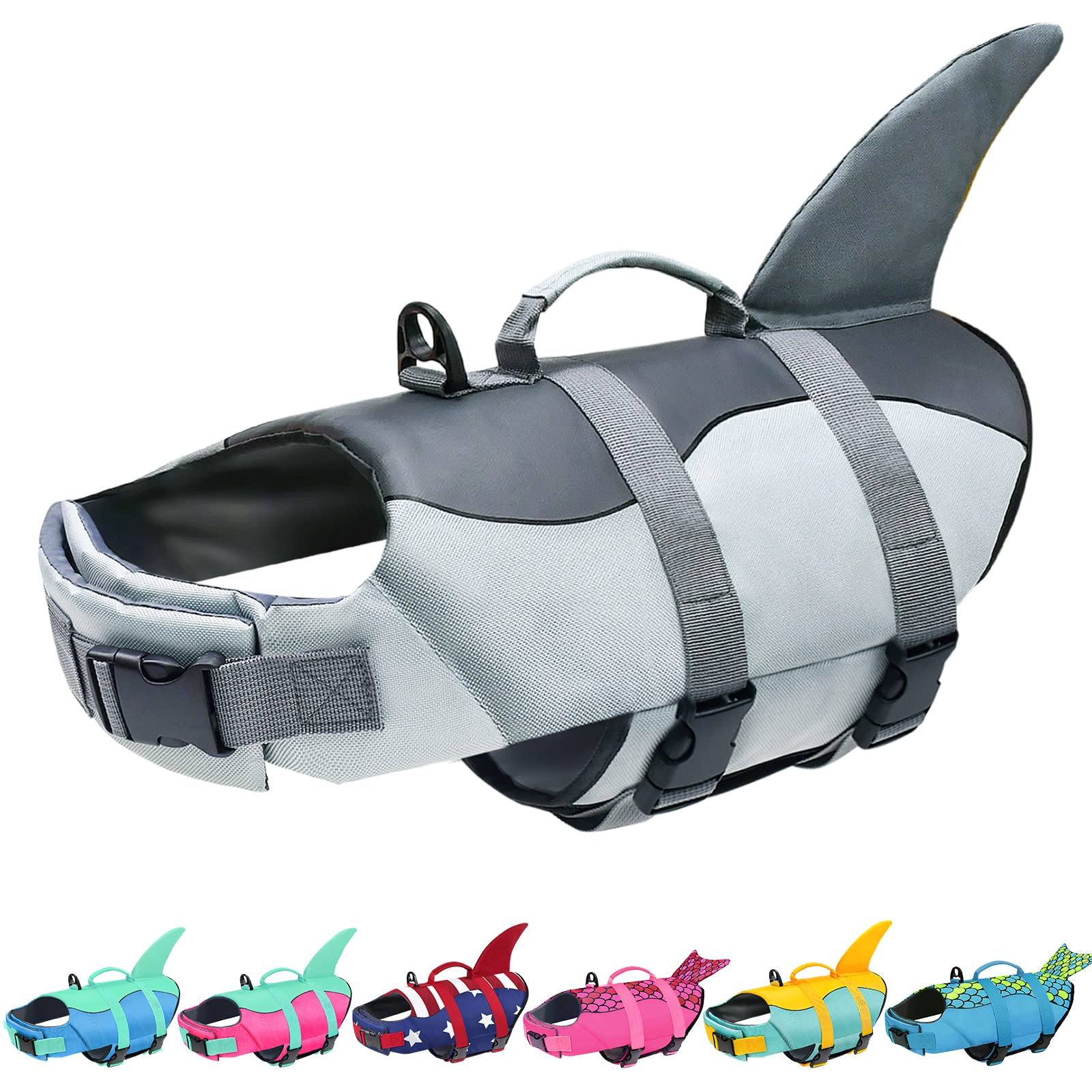 Malier Dog Life Jacket, Ripstop Dog Life Vest with High Buoyancy for Swimming Boating, High Visibility Shark Puupy Lifesaver for Small Medium Large