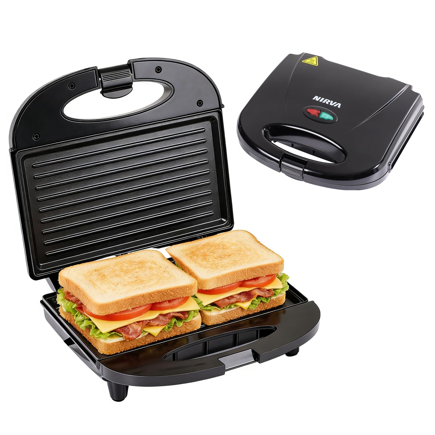 Nirva Appareil à sandwichs double - 750 W, Revêtement antiadhésif, forme classique à deux compartiments pour 2 sandwichs, chauffe rapidement, poignée isolée thermiquement, noir