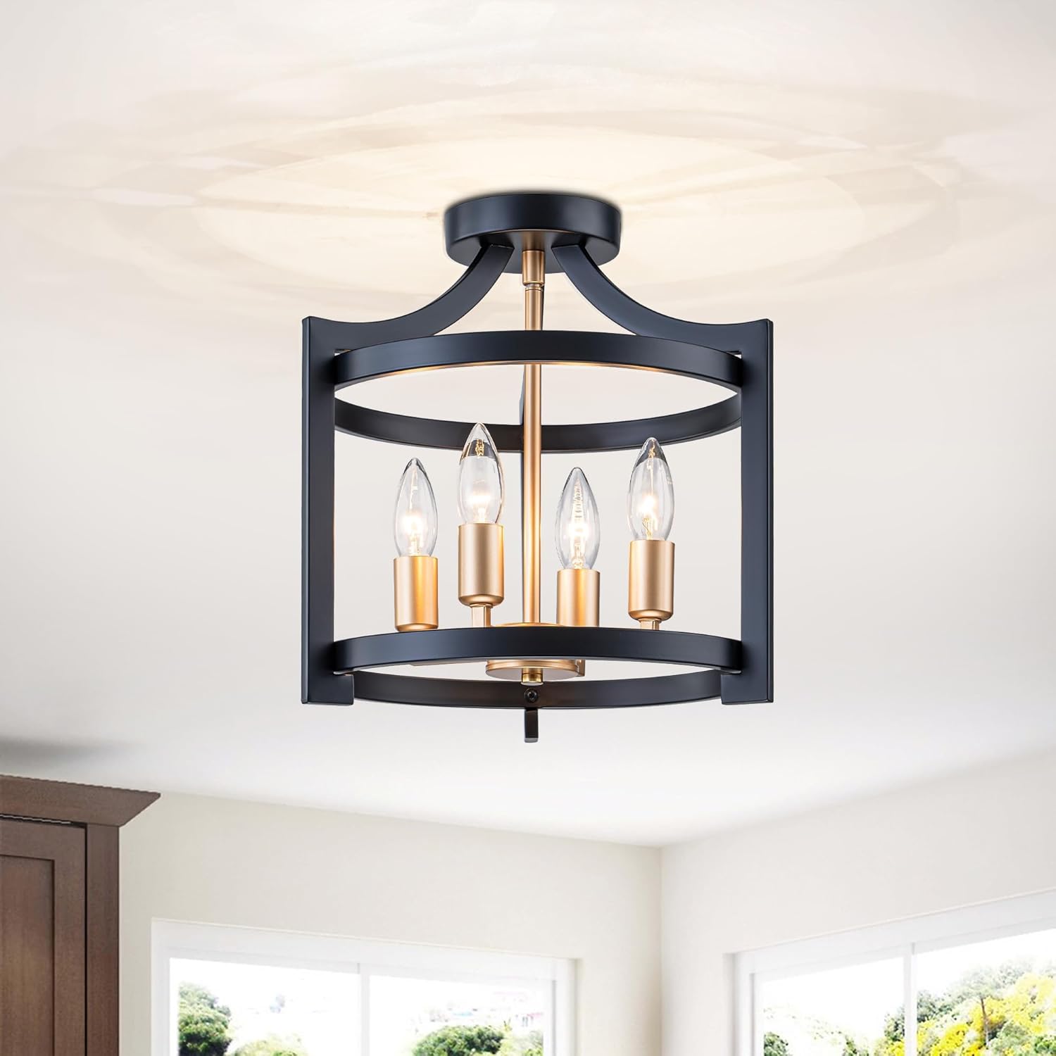 4-Light Black and Gold Farmhouse Chandelier, Adjustable Height Semi Flush Mount Ceiling Light, E12 Base Convertible Pendant Light for Entrance, Kitchen, Bedroom, Hallway