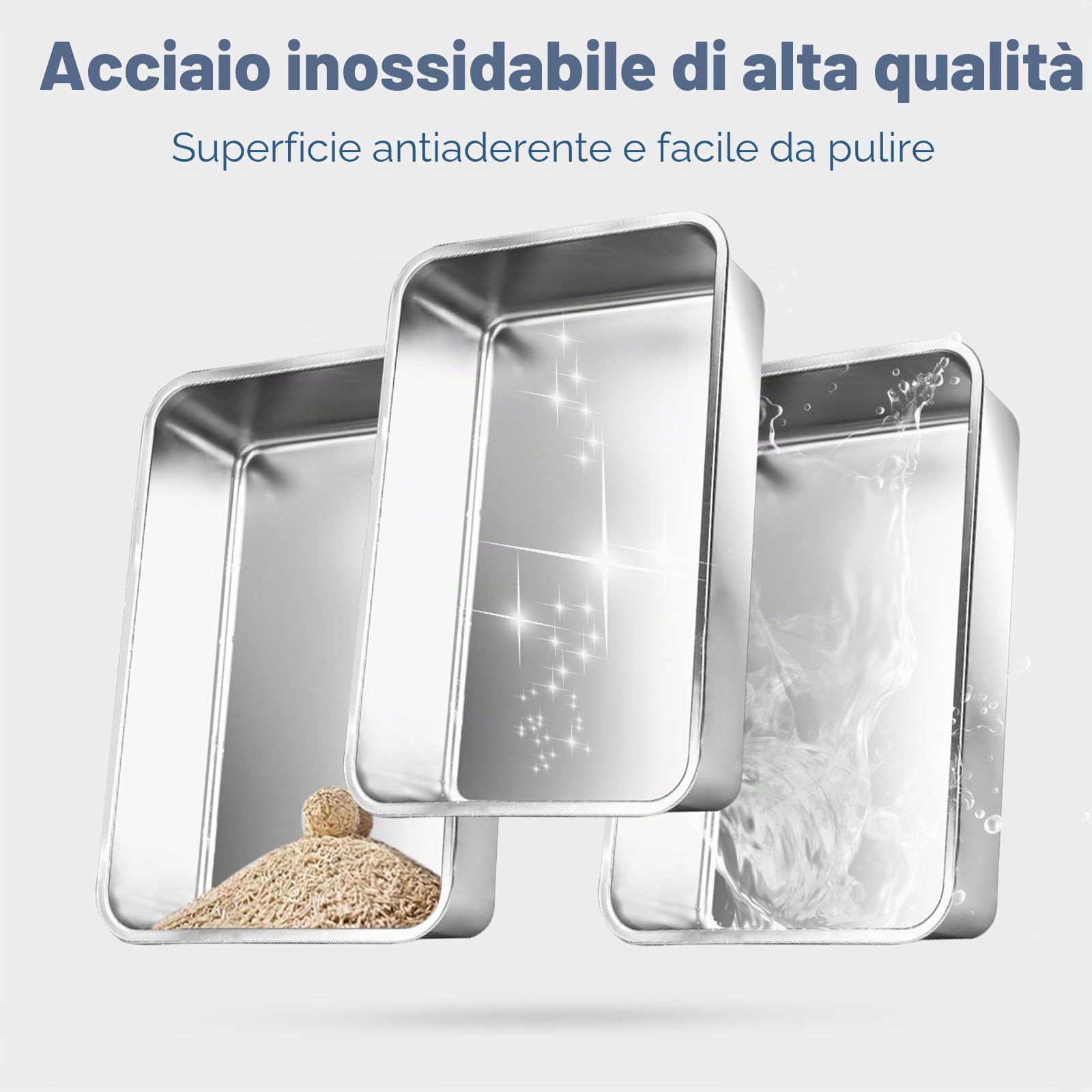 Lettiera per gatti in acciaio inox, confezione da 3, 70 x 50 x 20 cm, con bordi alti in metallo, extra large, a tenuta stagna, antiaderente e inodore