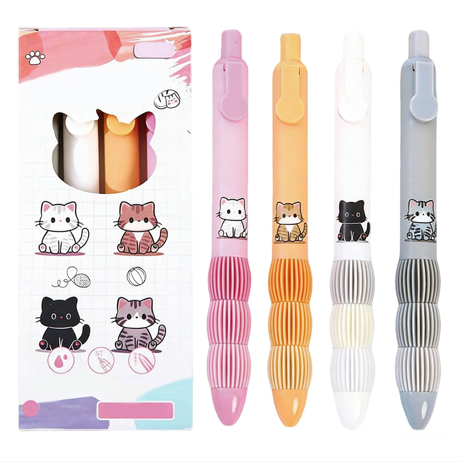 Floruvia 4 Pcs Cute Retractable Gel Pens, Cartoon Cat Design 0.5mm Black Ink Pens for Women, Men, Office & School Supplies
