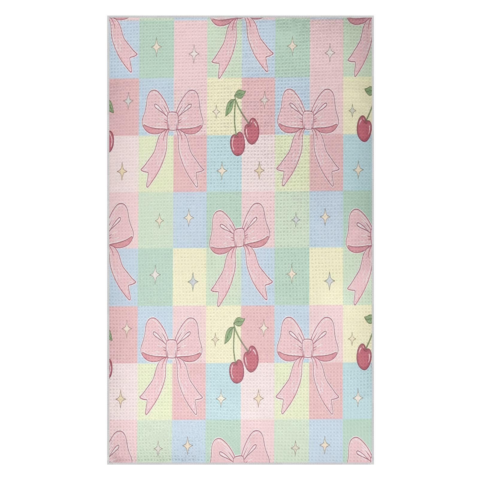 BURSTDDY Bows and Cherries Kitchen Towels,Absorbent Dish Towels 1 Pack