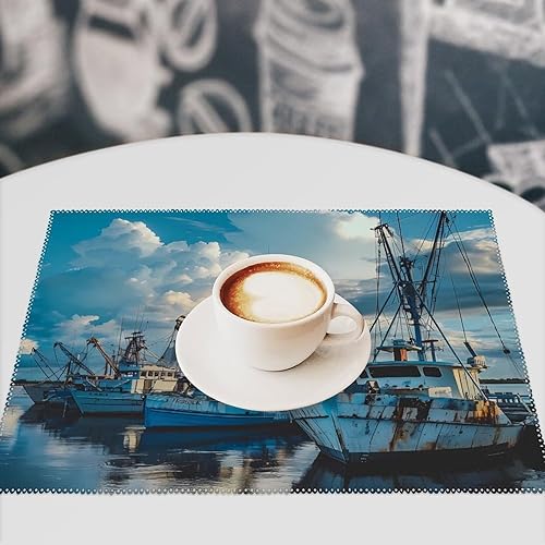 Miniatura 7 de Juego de 6 manteles individuales de barcos de camarones atracados en muelle, manteles individuales resistentes lavables para decoración de mesa de