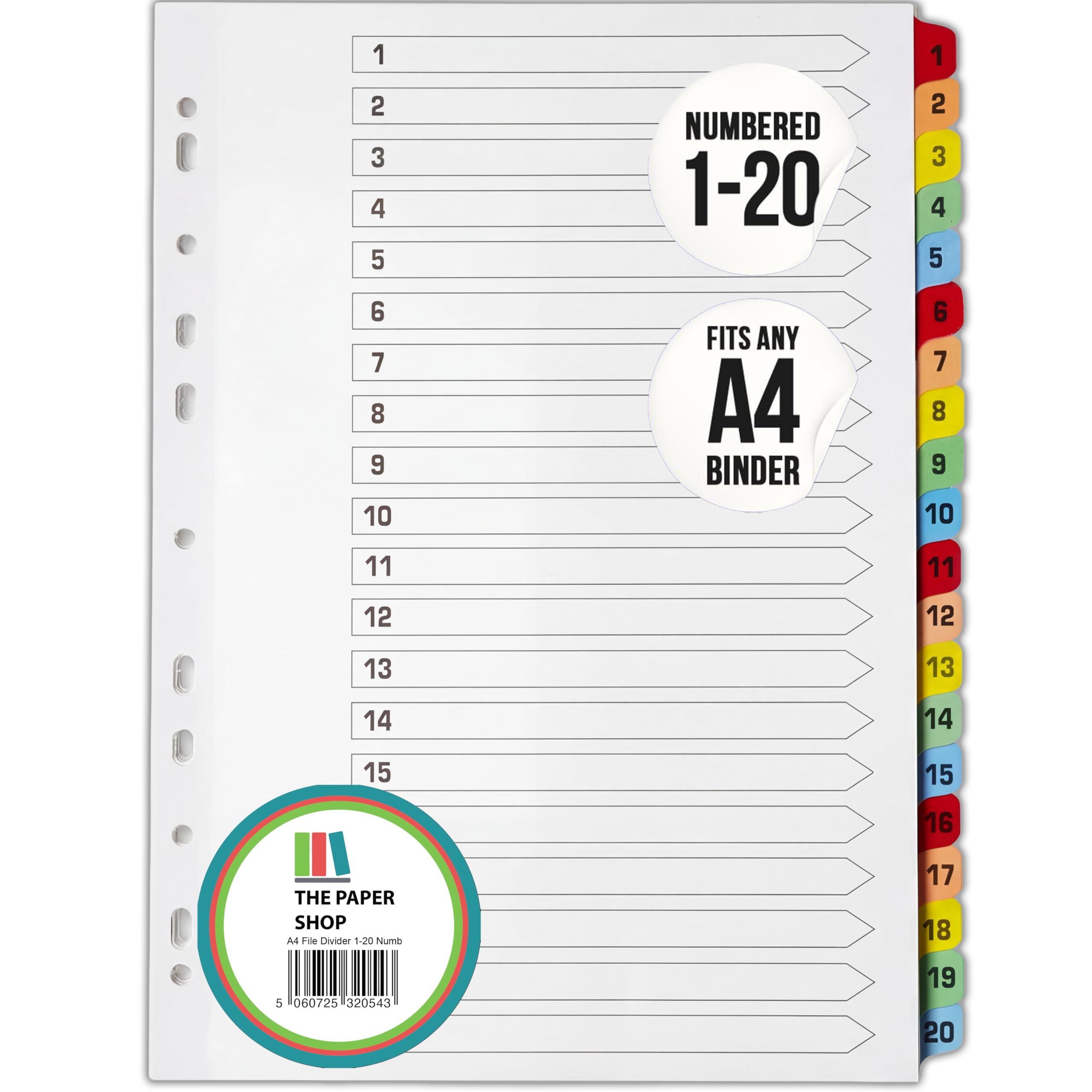 Intercalaires A4 20 pièces numérotées de 1 à 20 | Intercalaires A4 20 parties numérotées de 1 à 20 avec onglets de couleur renforcés multiperforés 150 g/m²