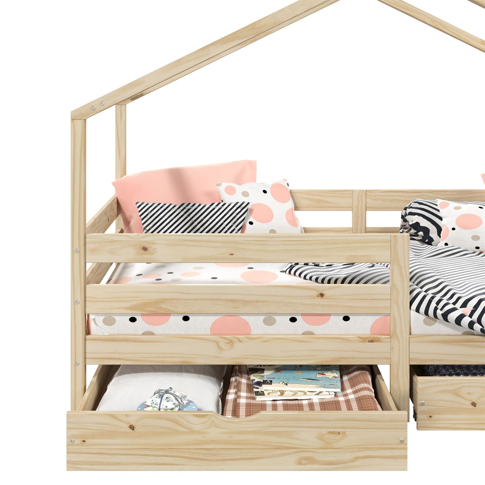 IDIMEX Hausbett ENA aus massiver Kiefer, schönes Montessoribett in 90 x 200 cm, Kinderbett mit Rausfallschutz, stabiles Spielbet mit Dach und 2 Schubladen in Natur