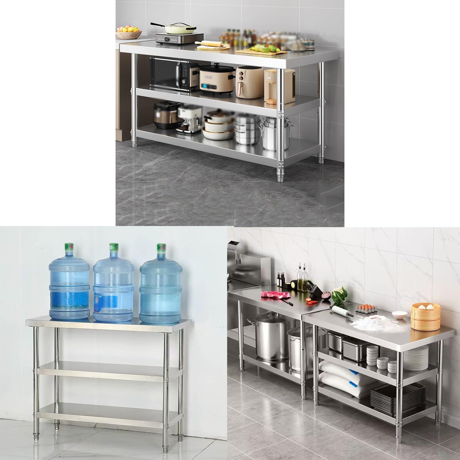 Estante de Acero Inoxidable 304 para Banco de Trabajo Mesa de Cocina Comercial de 3 Niveles para Cortar Verduras con Patas Ajustables Y Mesa de Embalaje para Almacén