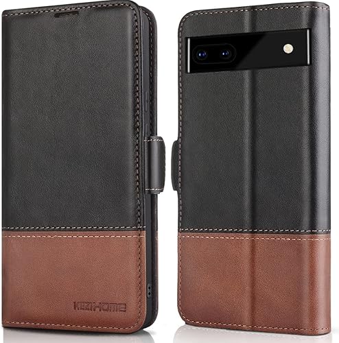 KEZiHOME Funda de piel auténtica para Google Pixel 6a 5G, con tarjetero y bloqueo RFID, compatible con Google Pixel 6a 5G (negromarrón)