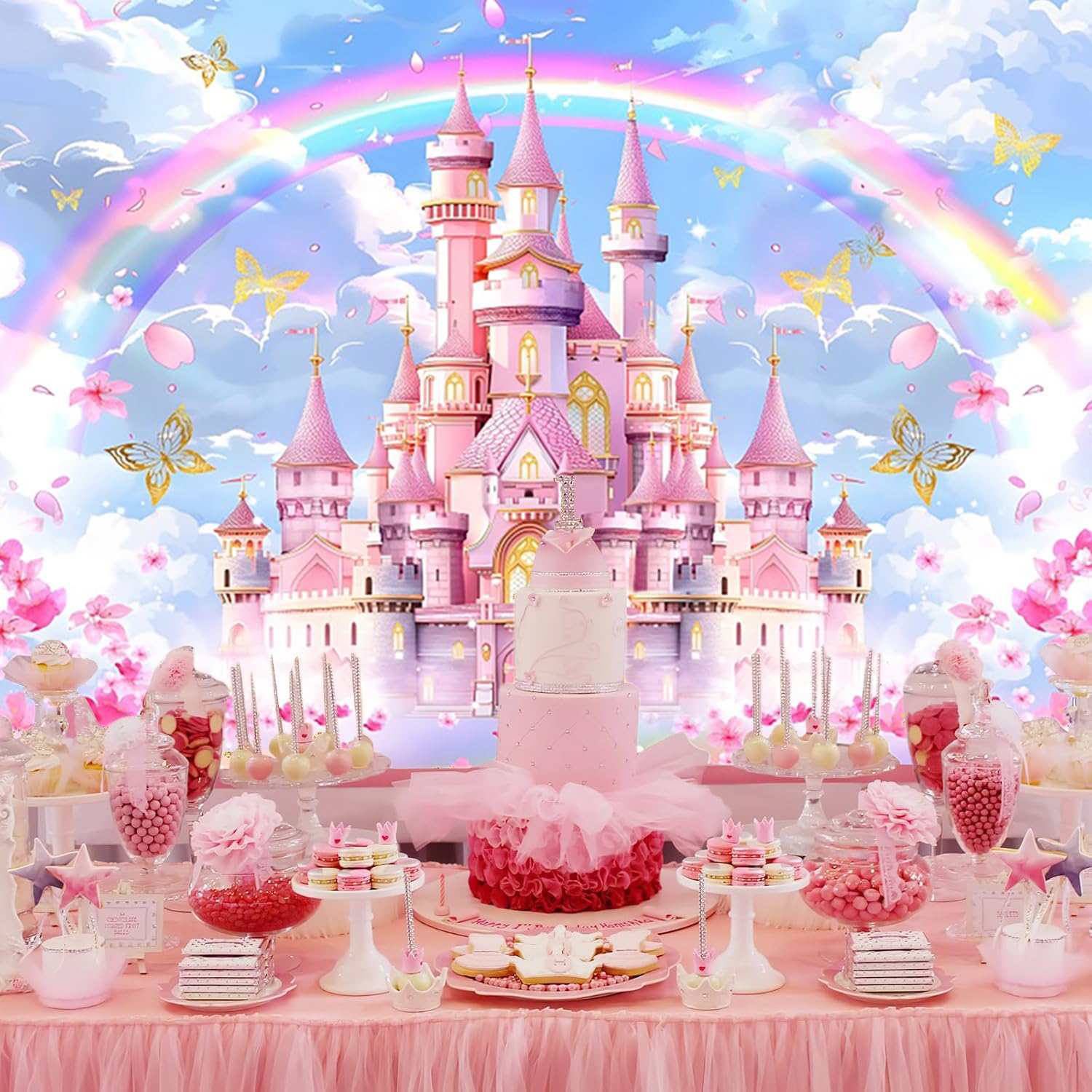 Sfondo di Principessa Castello 3x2m, Castello Rosa Arcobaleno Farfalla Floreale Fotografia Sfondo Principessa Bambina 1° Compleanno Baby Shower Festa Decorazione Banner Attrezzi da Studio