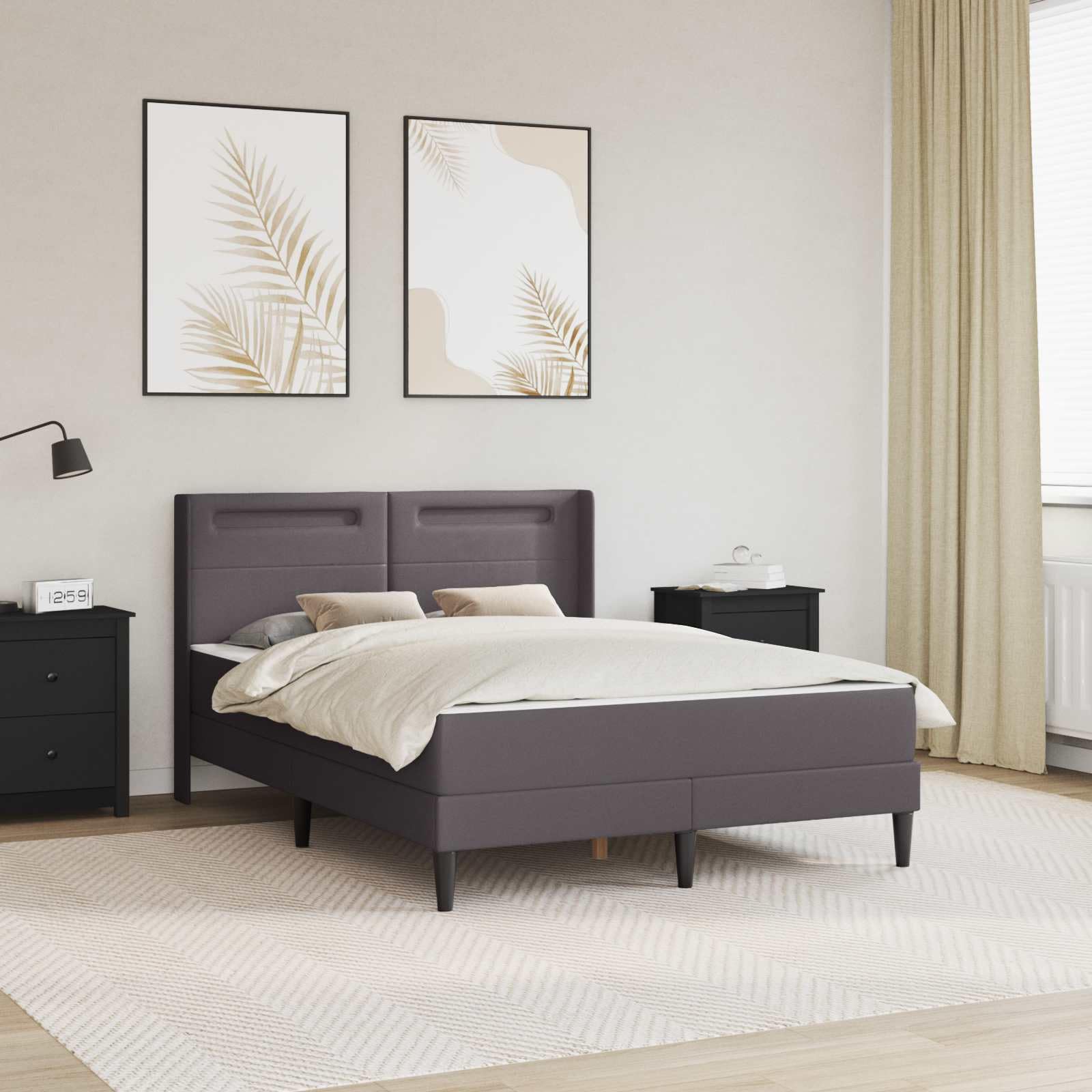 Rama łóżka z materacem, szara, 140 x 200 cm, sztuczna skóra, rdzeń ze sprężyn kieszeniowych, z zimnej pianki, stelaż z paskami LED i USB do ładowania, komfort spania do sypialni